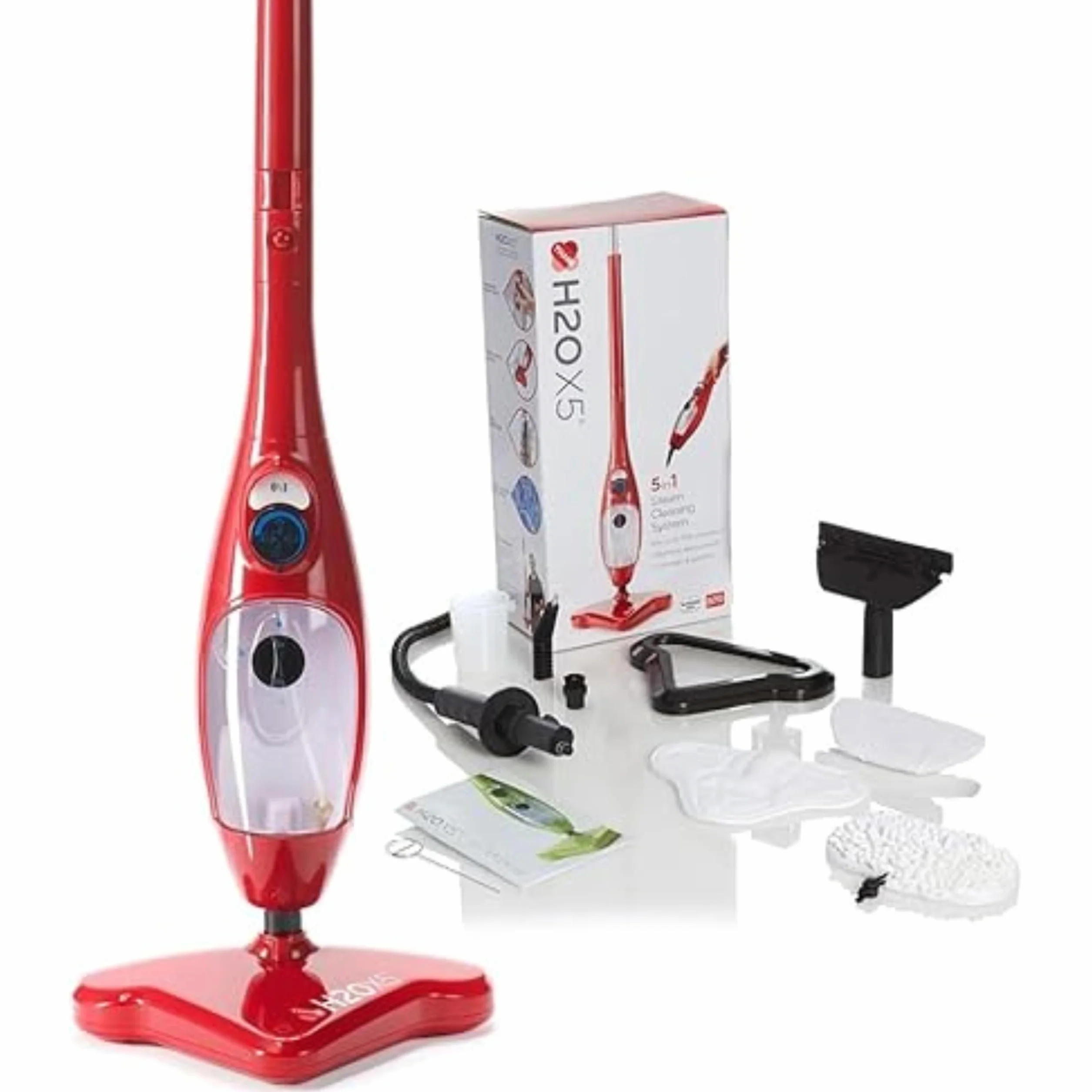 H2O X5+ Mopa A Vapor Y Limpiador De Mano 2 En 1 Rojo – Limpiador A Vapor Multifunción Suelos Alfombras Ventanas – Calienta En 15 Segundos – Sin Químicos