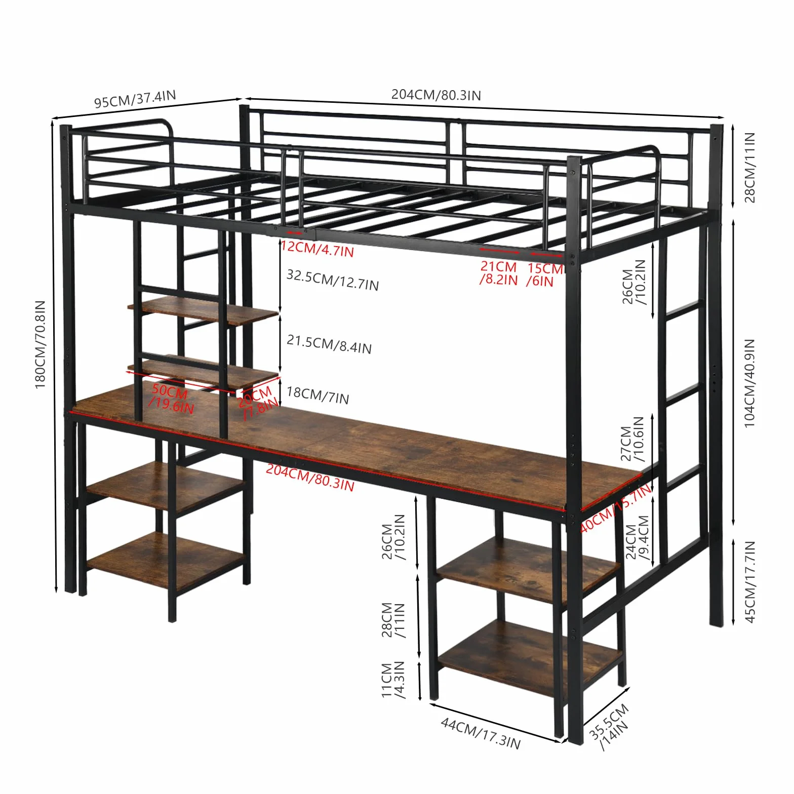 Łóżko Metalowe 90x200 cm z Biurkiem i Półkami, Czarny, dla Dzieci i Młodzieży