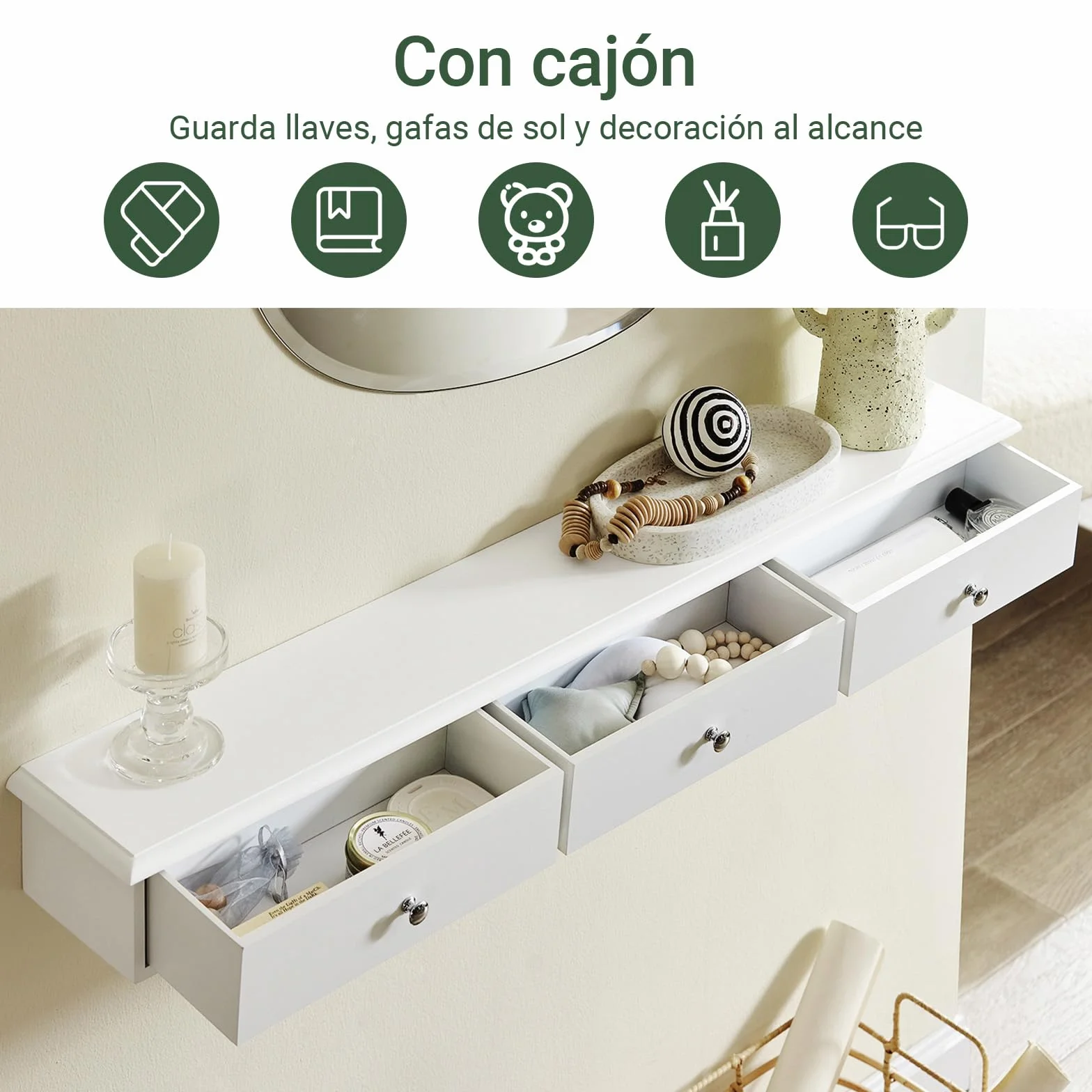 SoBuy Estante Flotante con 3 Cajones - Baldas Pared, Estantería Moderna para Entrada, Sala y Dormitorio - Blanco 94x15x10cm FRG43-L-W
