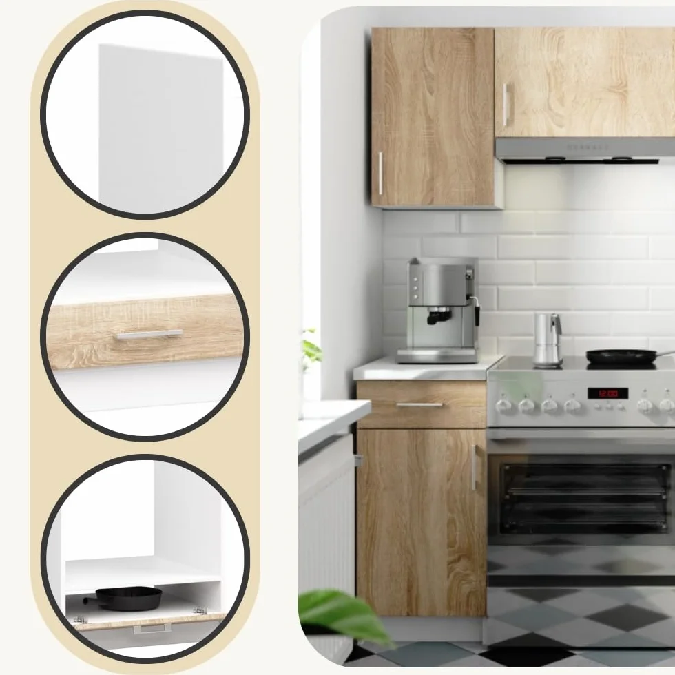 AKORD Mueble de Cocina S60 para Horno con Sistema de encimera Lima, Blanco 60 cm, 1 Puerta, Roble Sonoma Mate, 1 Estante 60x55x82 cm