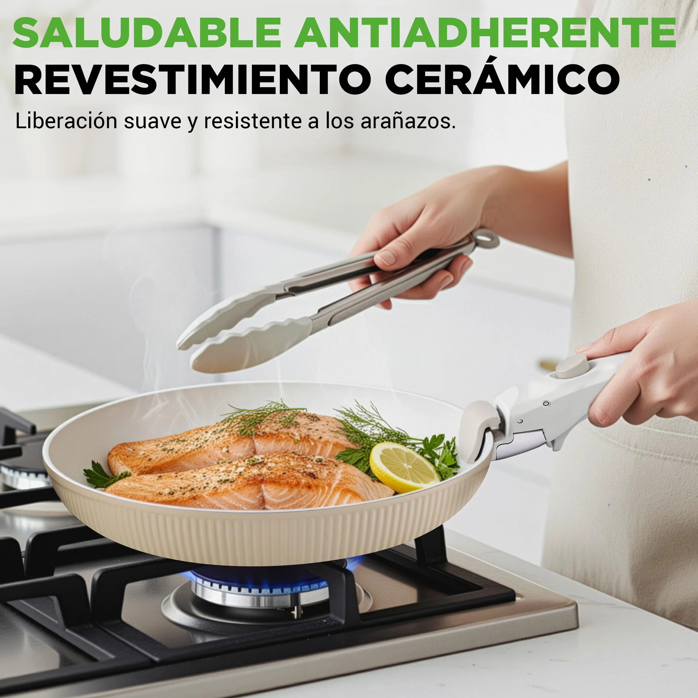 NutriChef bateria cocina mango extraible, Ceramica, 18 piezas, Juego de ollas y sartenes, Antiadherentes, Sin PTFE, Ahorra espacio, Apto para horno y estufa, Incluye utensilios