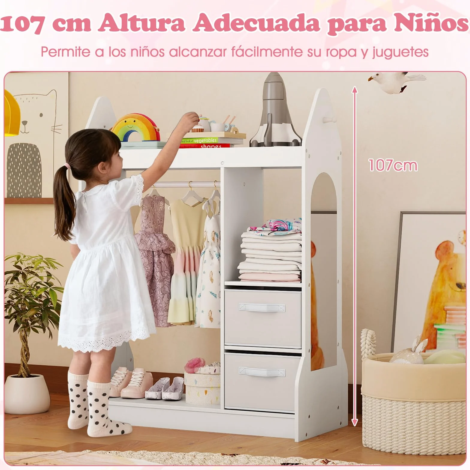 COSTWAY Armario de Almacenamiento Infantil con Espejo Acrílico y Perchero, Blanco