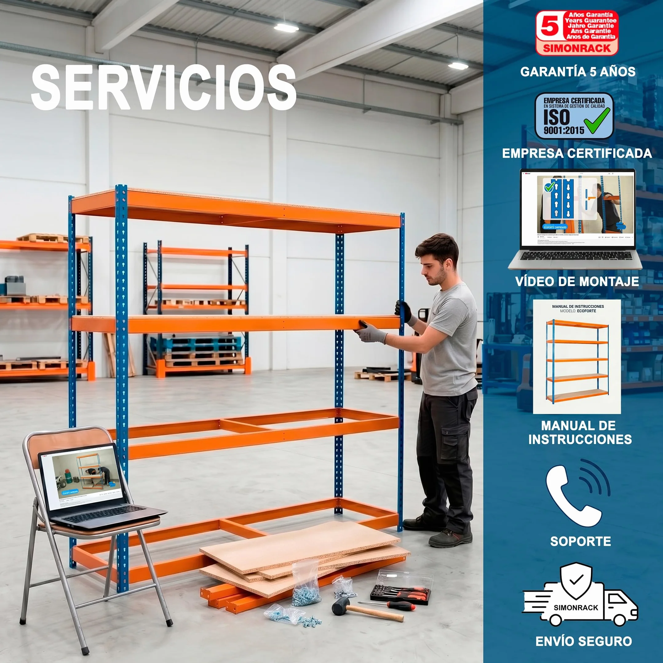 Simon Rack Estanteria Industrial 2000x1500x600 mm 400 kg 4 Estantes Madera Almacenaje Metalica Azul Naranja