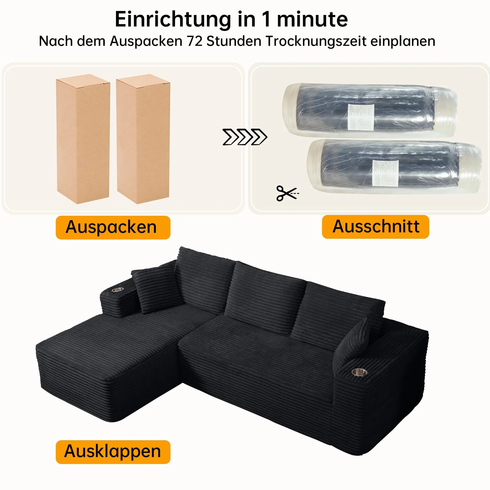 Sofa Modular sofás Comprimidos al vacío, Sofa Cama Chaise Longue 102 inch/261cm Sofá de Suelo Modular sin Estructura con Función de Dormir, Sofá para Salón o Apartamento, Negro