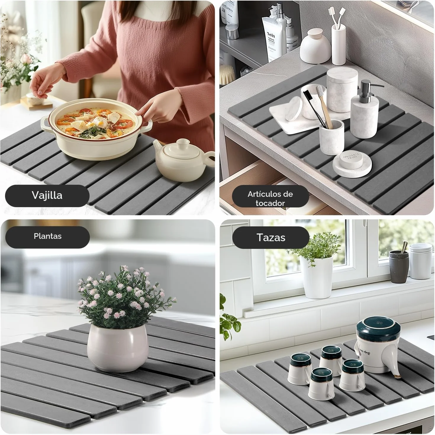 Alfombrilla de goteo para platos, 60 x 40 cm, tierra de diatomeas, plegable, secado rápido, cocina
