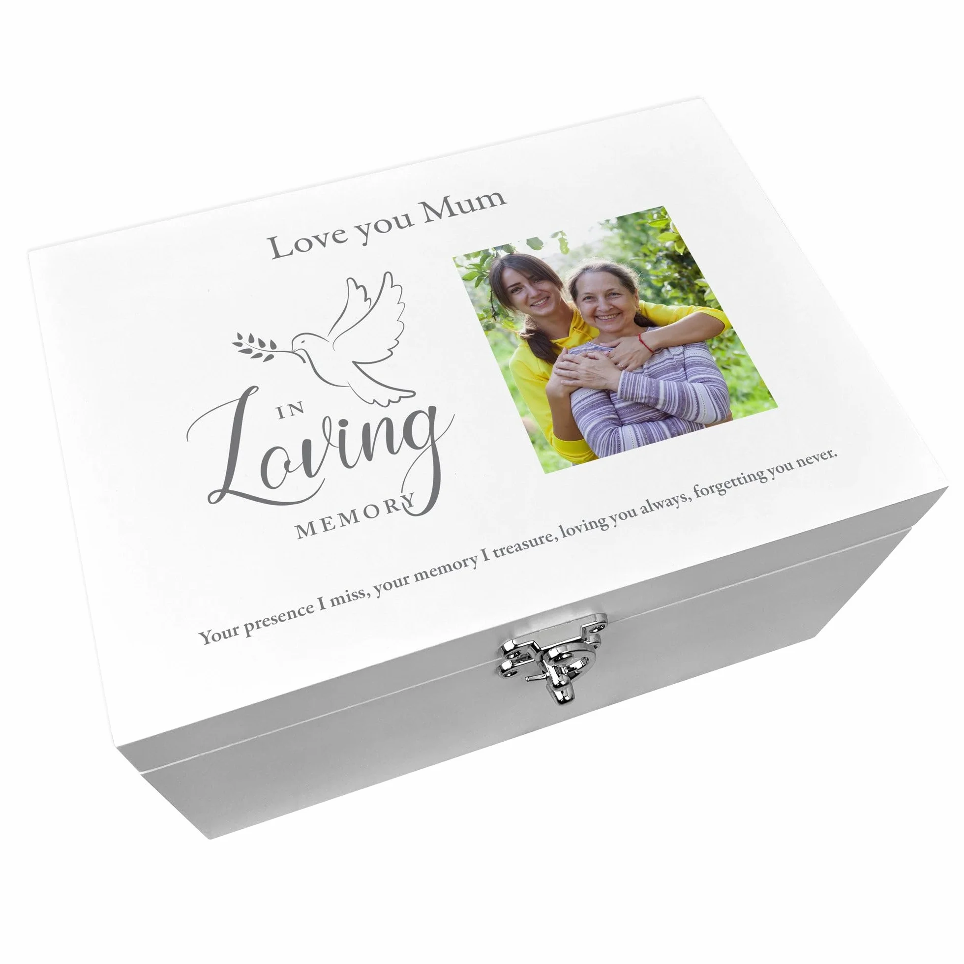 Caja de recuerdos personalizable con texto en inglés "In Loving Memory" (27 x 19 x 14 cm), color blanco