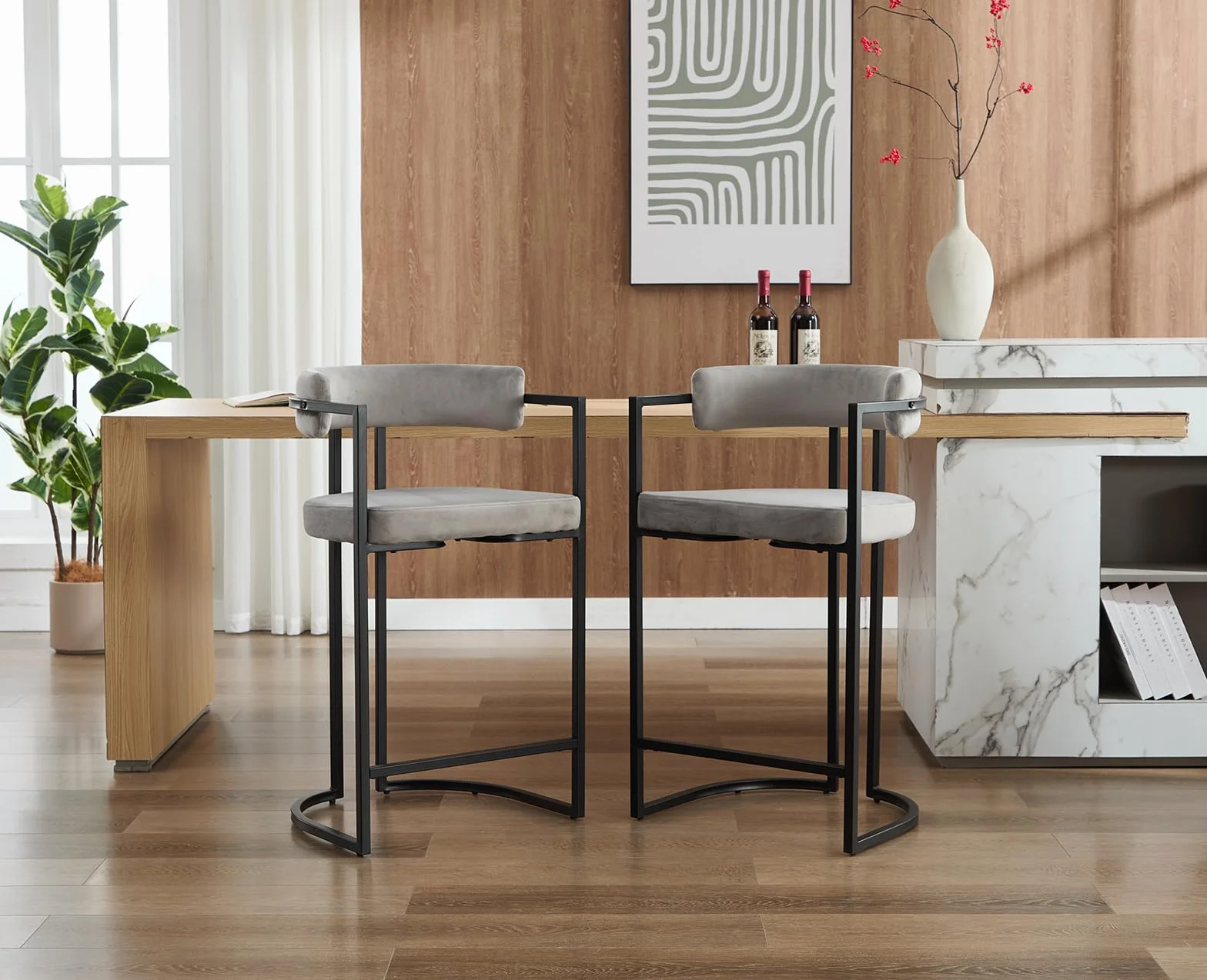Ya-Home 2X Taburetes Altos de Cocina Modernos Sillas Bar de Terciopelo con Respaldo,Taburetes Altos de Mostrador con Patas Metálicas para Isla de Cocina/Restaurante,Gris