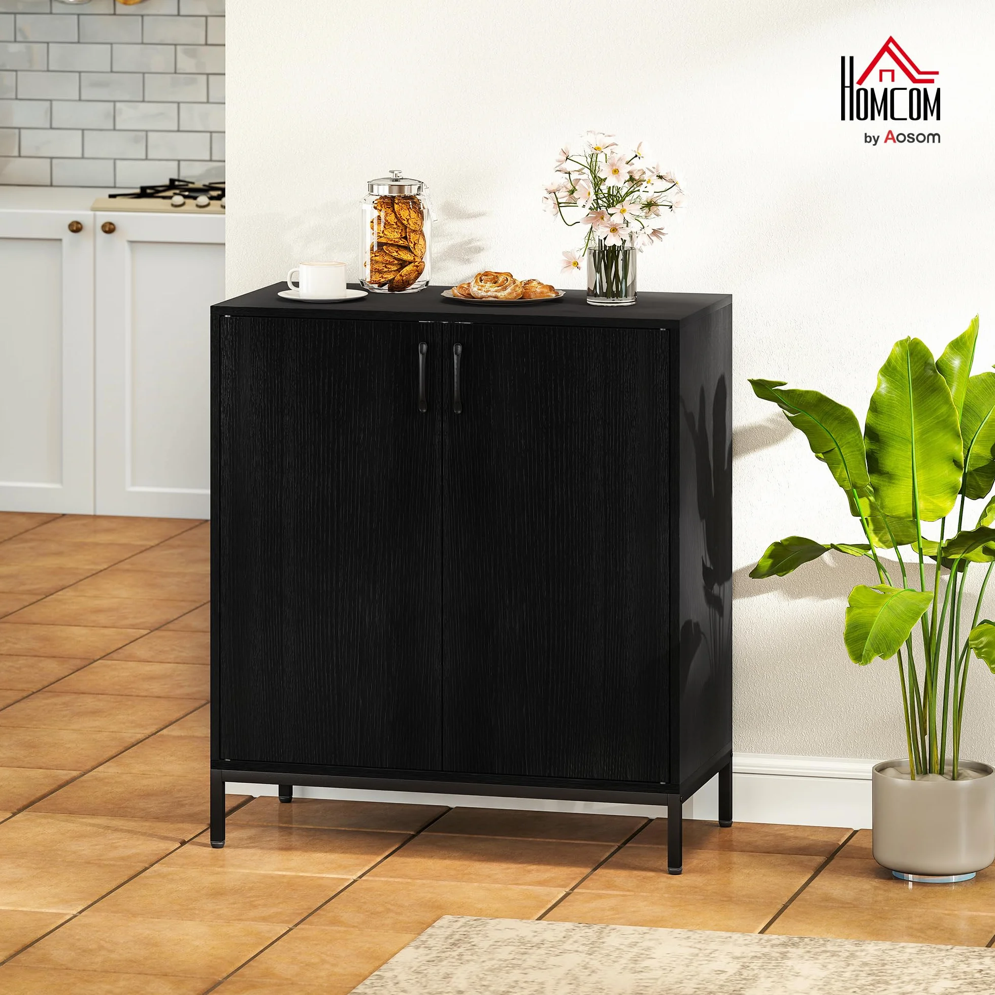 HOMCOM Aparador para Salón con 2 Puertas, Aparador de Cocina Moderno, Estante Ajustable y Base Elevada, para Comedor, Pasillo, Dormitorio, 80x40x90 cm, Negro