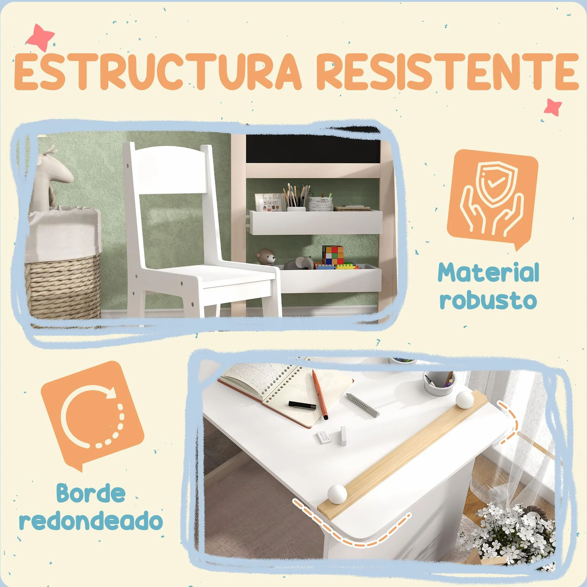 AIYAPLAY Mesa y Silla Infantil de 2 Piezas Plegable para Niños +3 Años con Estantes y Rollo de Papel Blanco