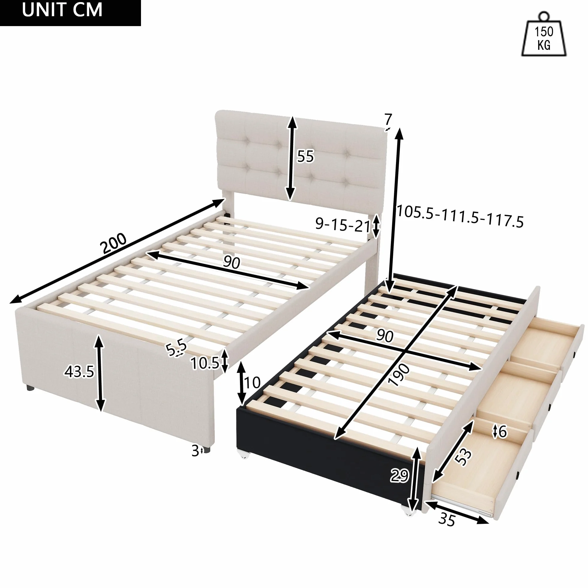 Cama Tapizada 90x200 cm con Cama Nido 90x190, Cama Infantil con 3 Cajones, Camas Juveniles con Cabecero Ajustable, Estructura de Cama Individual con Láminas de Madera, Lino, Beige, Sin Colchón