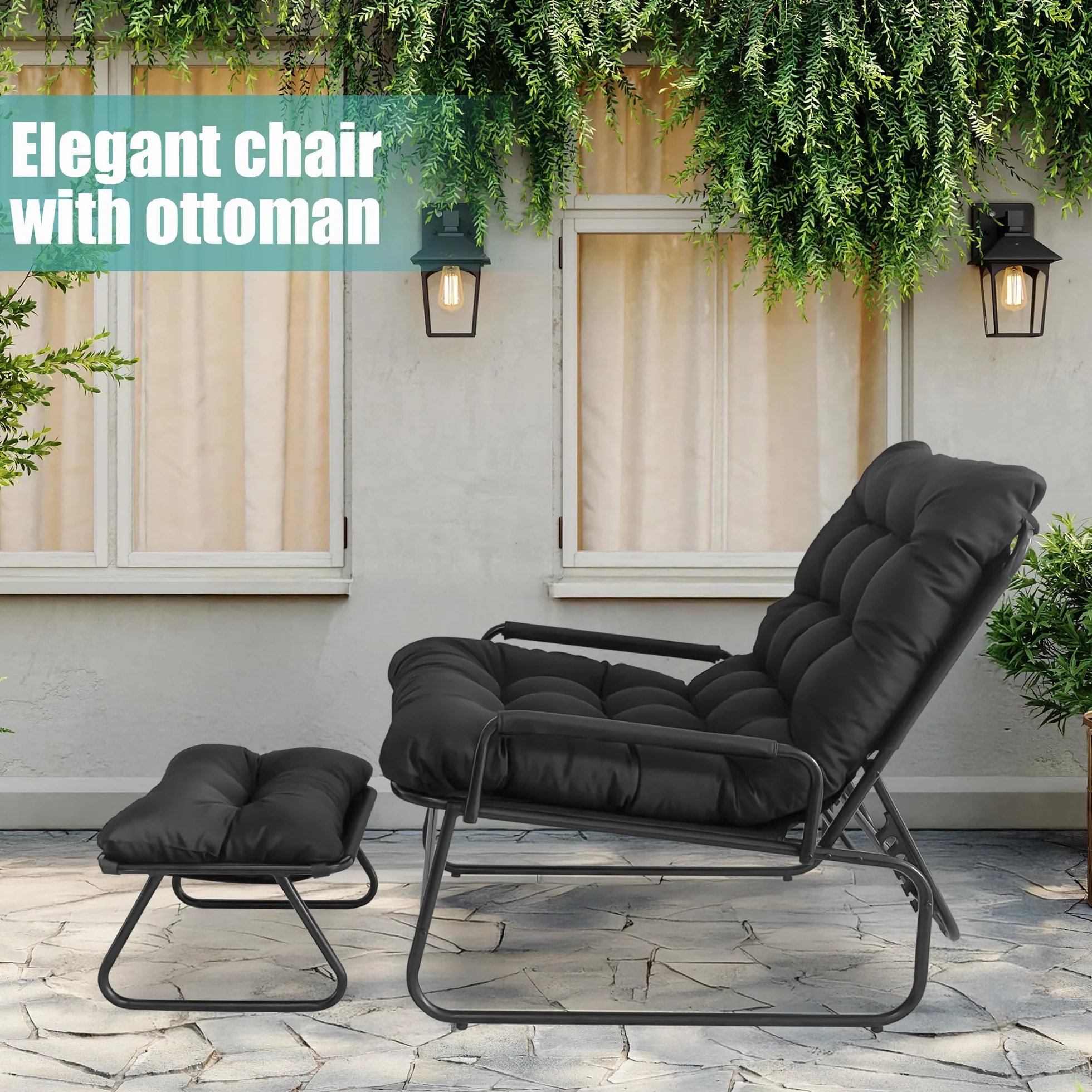 Sillón Reclinable con Reposapiés, Respaldo Ajustable en 4 Niveles, Sillon Relax, Poltrona Sala, Sillon de Lectura, Adecuado para Sala de Estar, Dormitorio, Balcó (Negro)