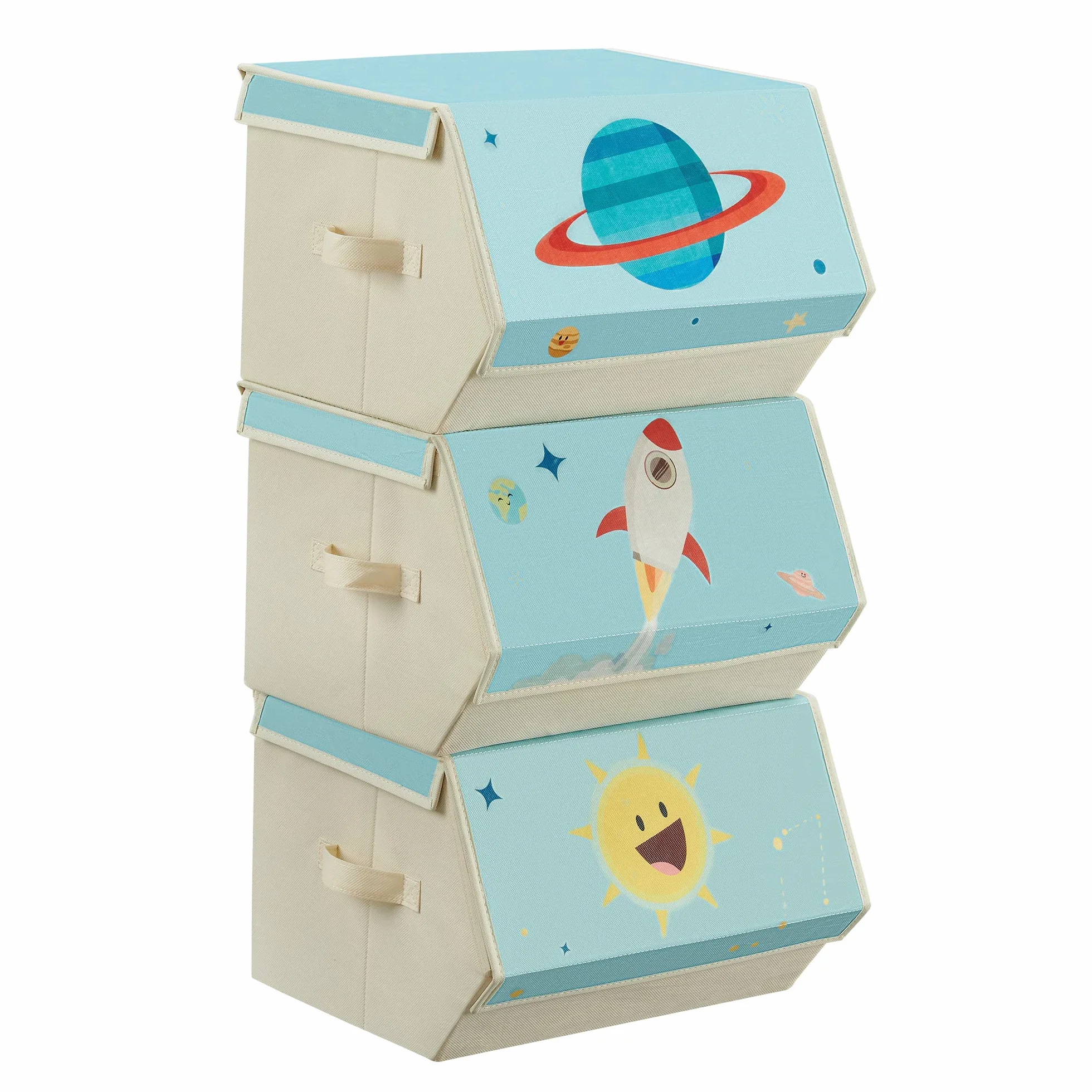SONGMICS Cajas de Juguetes para Niños, Juego de 3 Cajas de Almacenamiento Apilables y Plegables, con Asas y Tapa Magnética, Azul