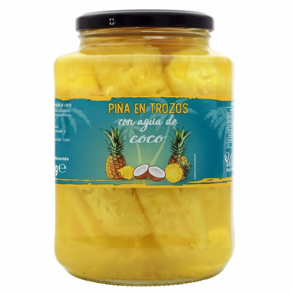 We Natural Piña en Trozos con Agua de Coco 1190g - Fruta en Tarro de Cristal 100% Natural sin Azúcares Añadidos - Snack Saludable 69 kcal por 100g