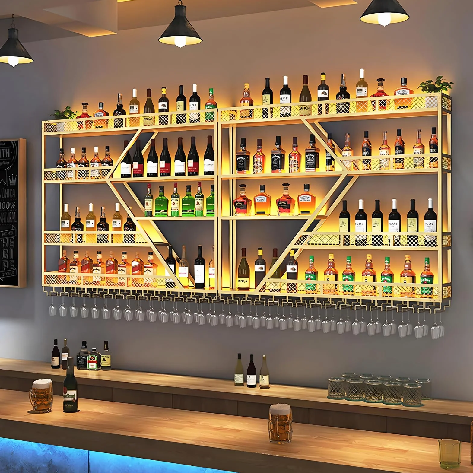 Botellero de Pared Metálico para Vinos, Moderno Botellero de Pared con Soporte para Copas, Estante para Licores y Estantes de Bar para Botellas de Licor (4 Capas Gold, 160 * 20 * 123CM)