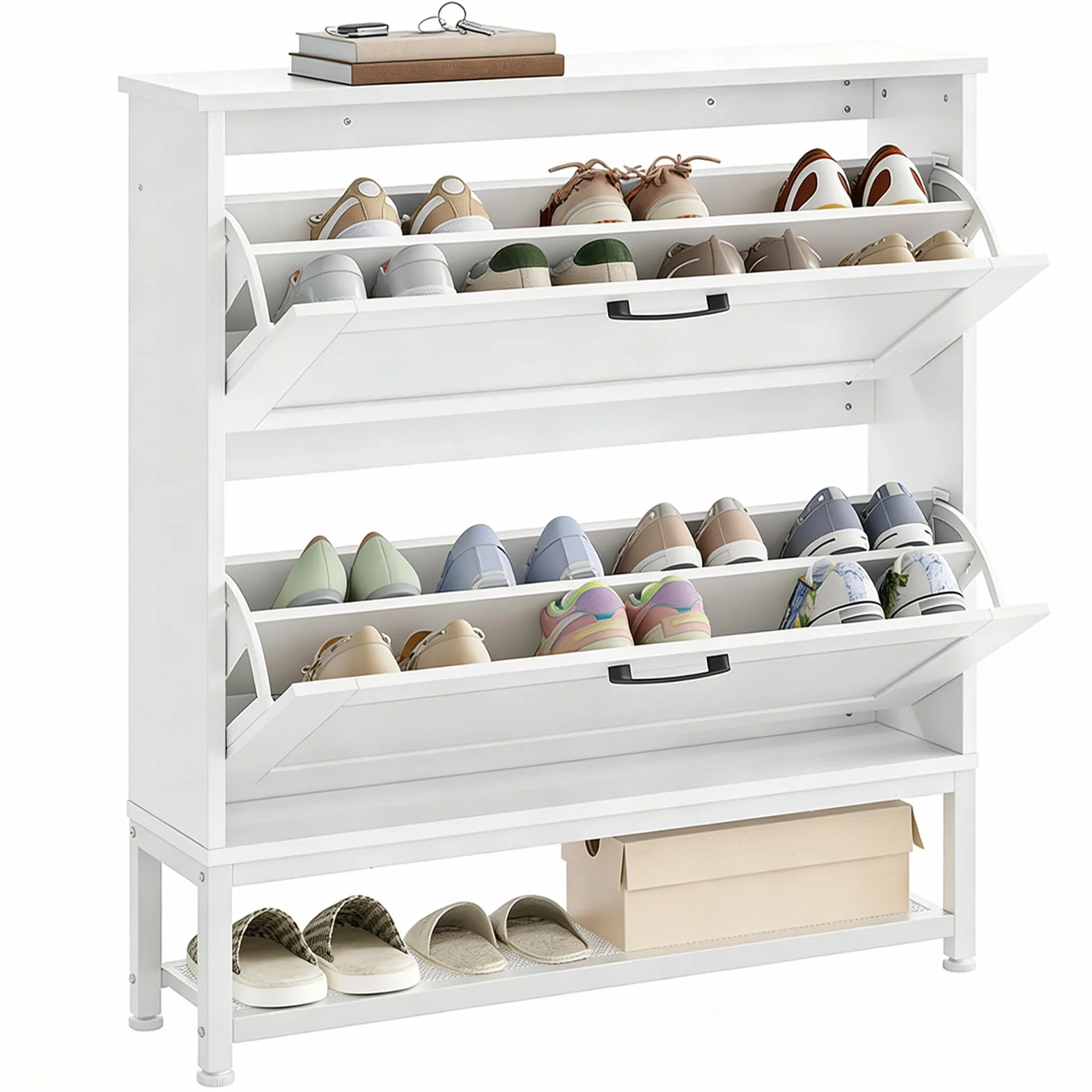 HOOBRO Zapatero Estrecho, Zapatero con Cajones Abatibles, Estilo Rústico | Dos Cajones Abatibles y Rejilla, 80 x 24 x 103 cm, Zapatero Estrecho para Recibidor, Vestíbulo, Sala o Vestidor, Blanco
