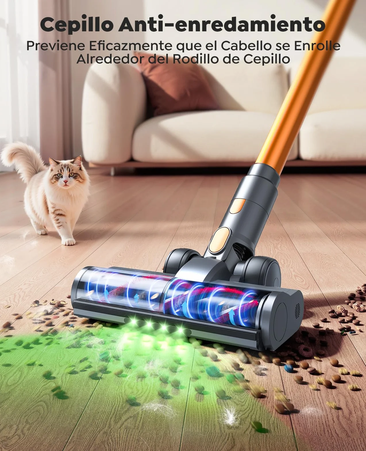 SMOTURE Aspiradora sin Cable 50KPA/600W/65Min, Aspirador Escoba con Manguera de 1M, Cepillo Anti-Enredo con Luz, Modo Automático, Base de Carga de Pared, para Pelo de Mascota/Suelos/Alfombras/Coche