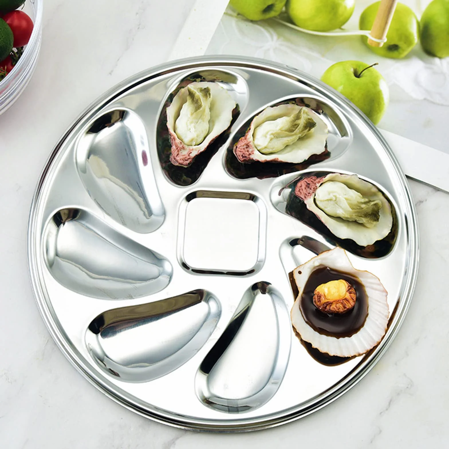 Plato De Ostras De Acero Inoxidable,3pcs Bandejas Para Servir Ostras Con 8 Agujeros + 1 Depósito De Salsa De Almacenamiento Reutilizable Para Cocina Restaurante Occidental Plato De Mariscos