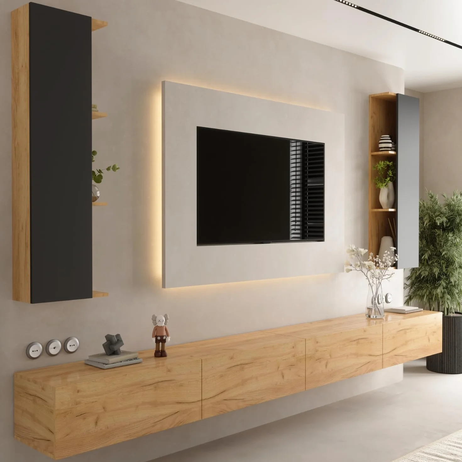 Planetmöbel Mueble de televisión, Mesa para TV de 320 cm de Largo, 2X armarios de televisión suspendidos de 40x130x17 cm para el salón, 2X Muebles Bajos de 160x30x37,8 cm, Roble Dorado