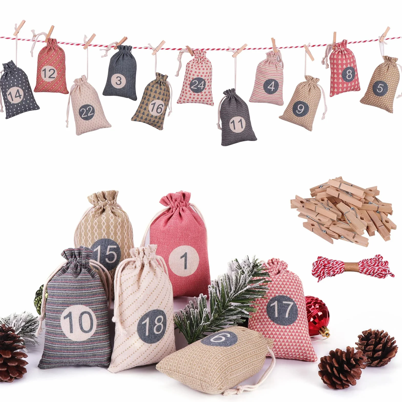 Calendario de Adviento para rellenar, 24 bolsas de tela, autorellenable, juego de manualidades para niños