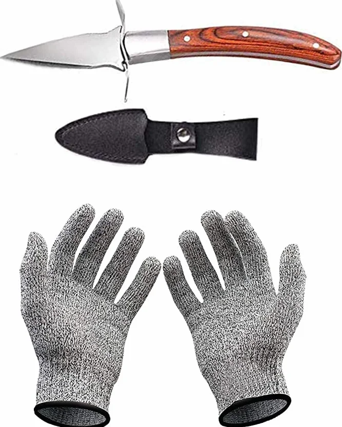 Juego de cuchillos para ostras y guantes anticortes, sacacorchos para ostras de acero inoxidable con guantes, clase de protección 5 (L), para conchas o quesos duros