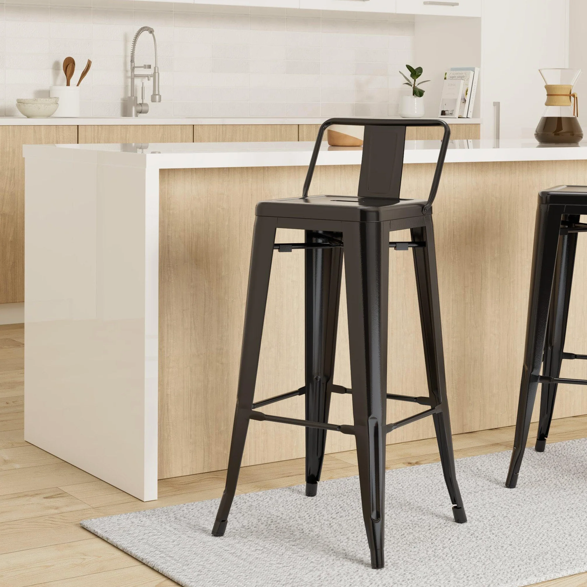 Kosmi - Lote de 4 taburetes de Bar en Metal Negro Mate con Respaldo pequeño, sillas de Bar Taburetes de Metal Altura 66 cm Mesa de 90 cm, Isla Central o encimera