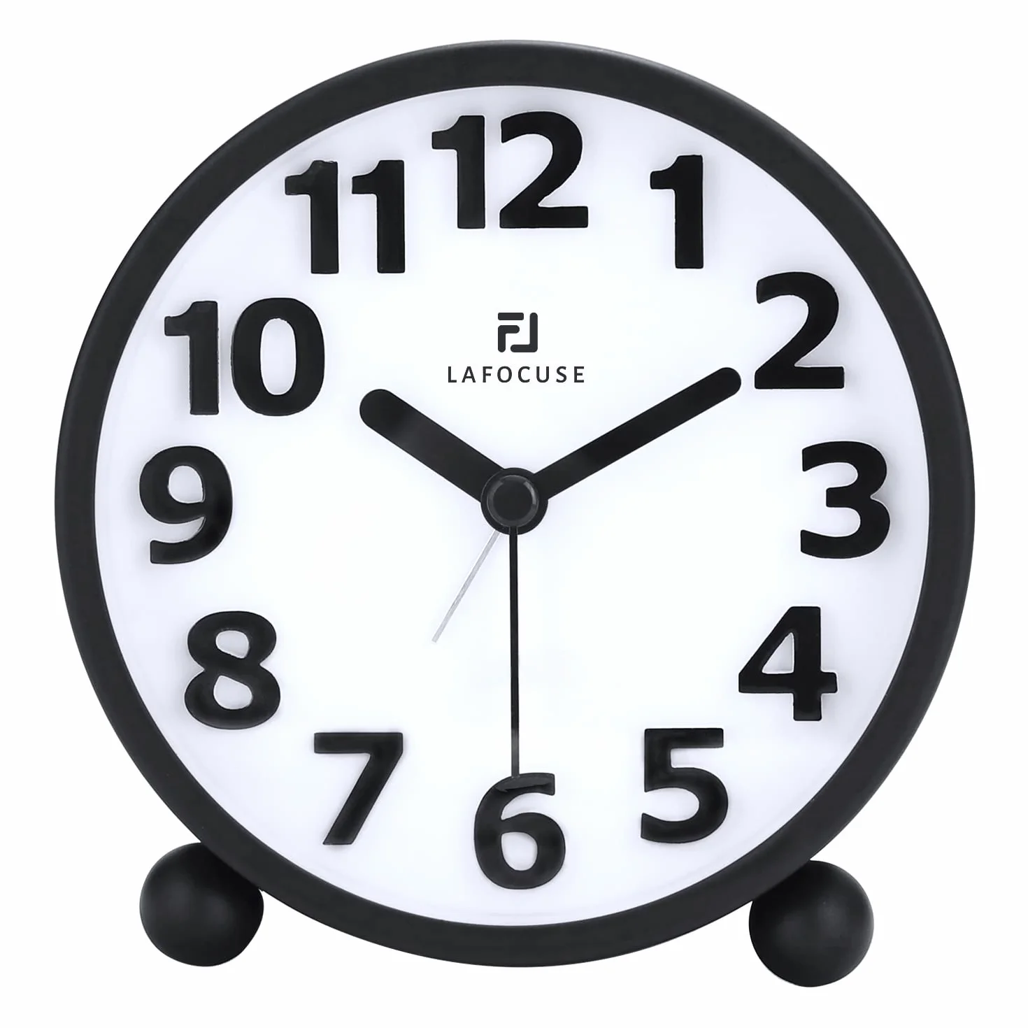 Lafocuse Reloj Despertador Analógico Silencioso con Snooze Luz Nocturna Metal Negro Números Grandes 3D 10.5cm