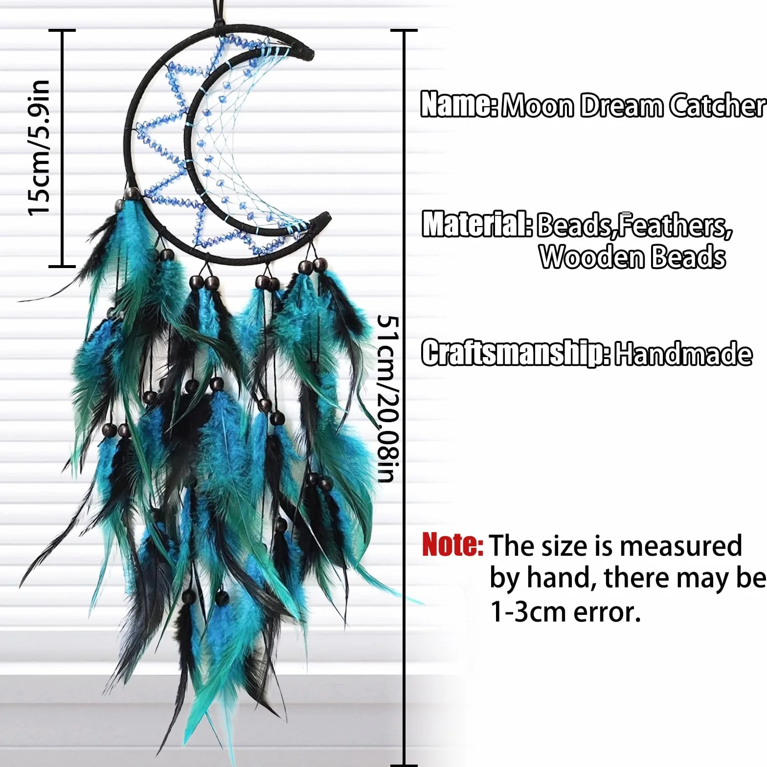 Atrapasueños de Luna para Colgar en la Pared del Dormitorio,diseño de Plumas Negras y Azules,decoración del hogar,Adornos para Colgar en la Pared del hogar,Regalo para Adultos,niños(Azul y Negro)