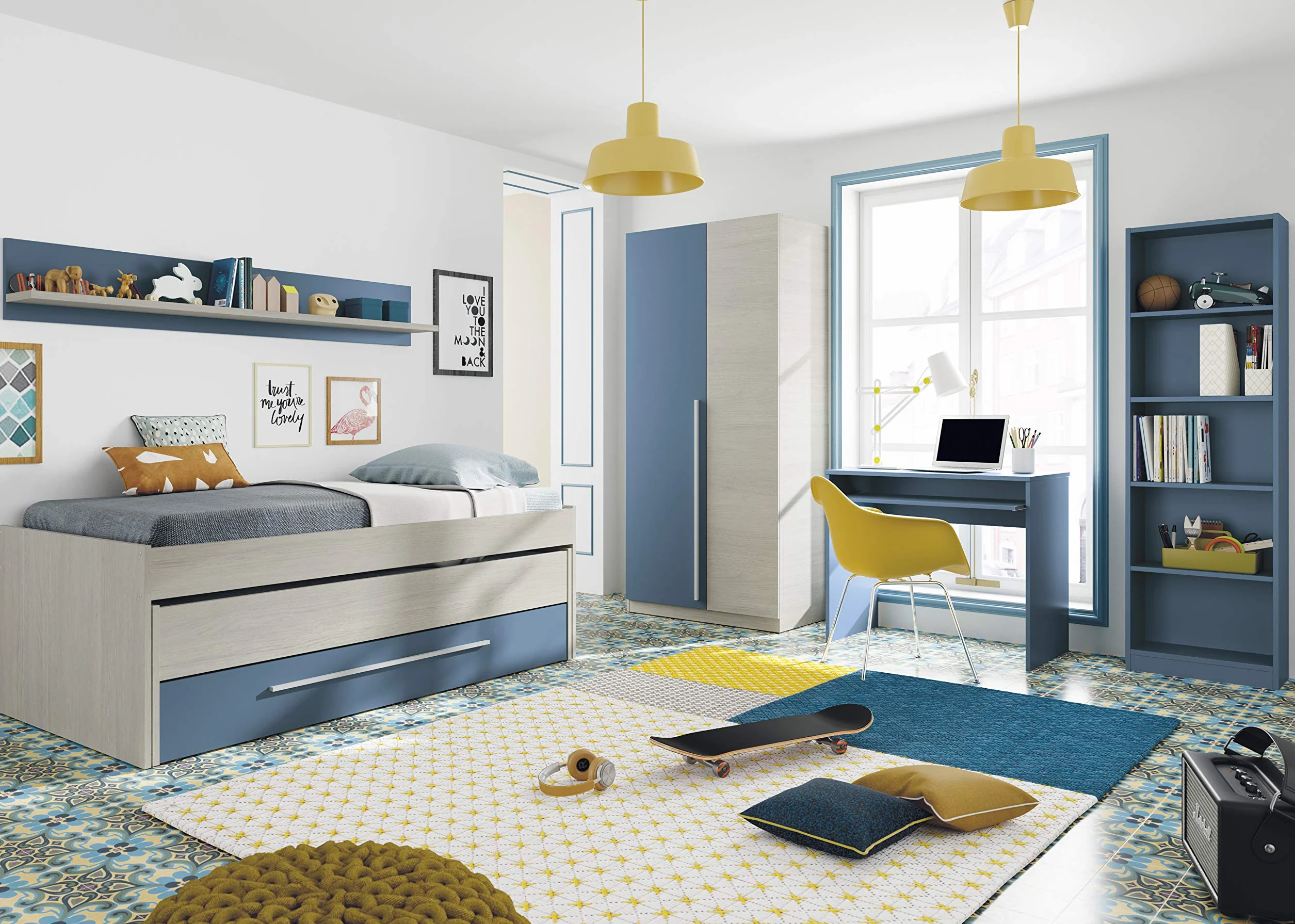 Habitdesign, Cama Nido juvenil, 2 Camas 1 Cajón y 1 Estante, Color blanco Alpes y Azul, Medidas 200 cm (largo) x 96 cm (Fondo) x 69 cm (Alto)