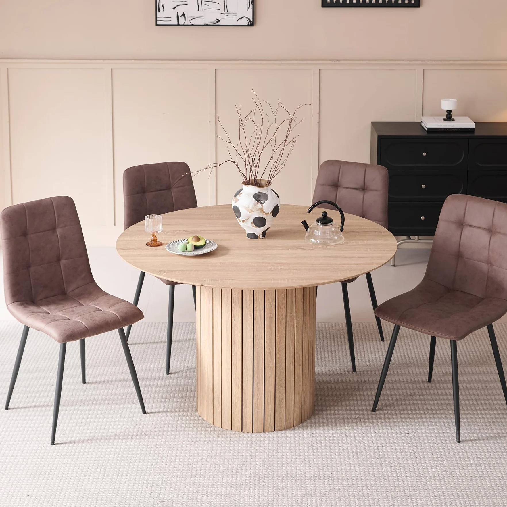 GrandCA HOME Mesa de Comedor Redonda, Mesa de Cocina Moderna de 120 cm, Mesa de Comedor con Base Redonda de Madera, Escritorio Grande de MDF para 4-6 Personas, Marrón Claro