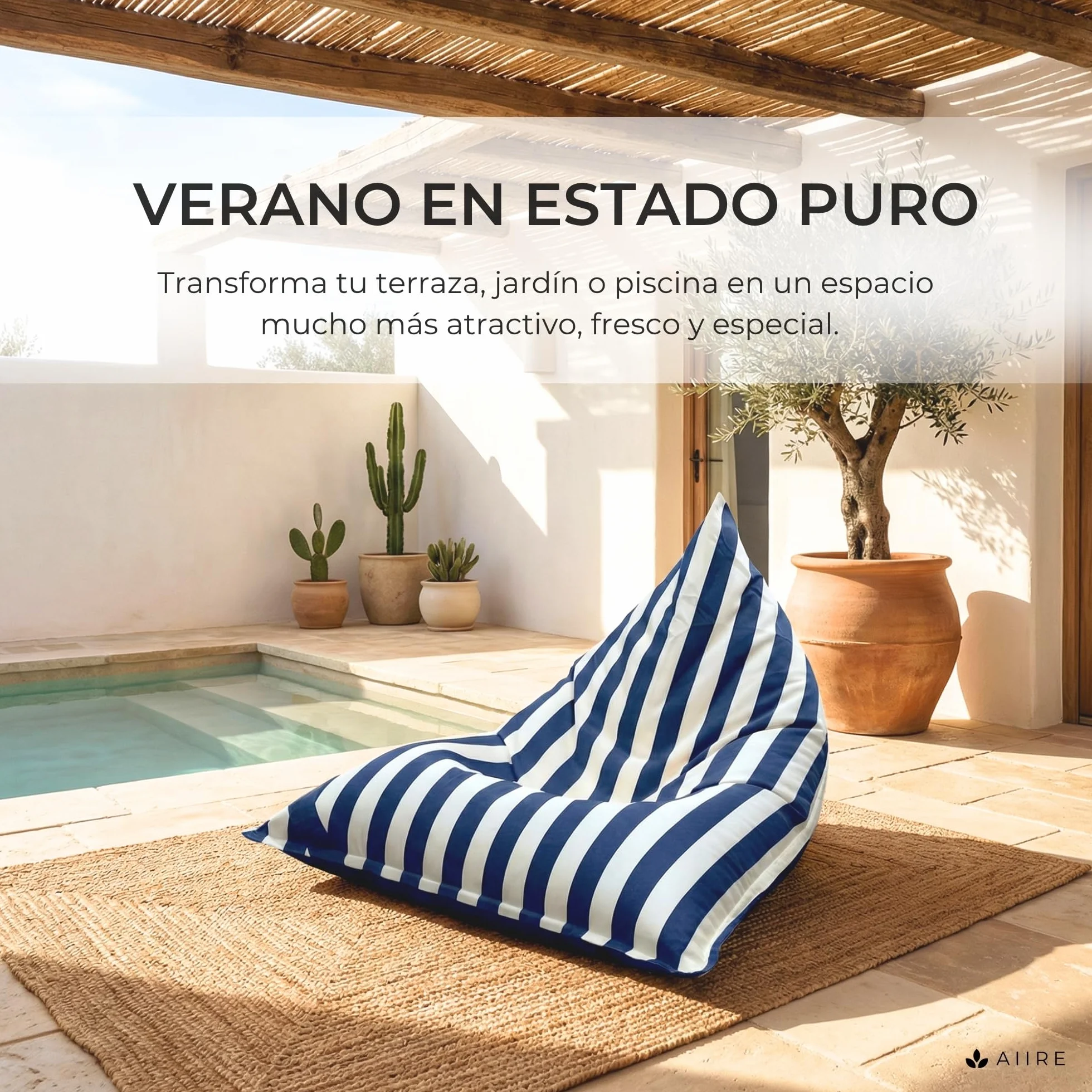 Aiire Puff Exterior Jardín con Relleno Incluido - Tejido Olefina Premium, Desenfundable y Lavable - Sofá Exterior para Playa, Terraza o Piscina - Puff Gigante XXL Azul
