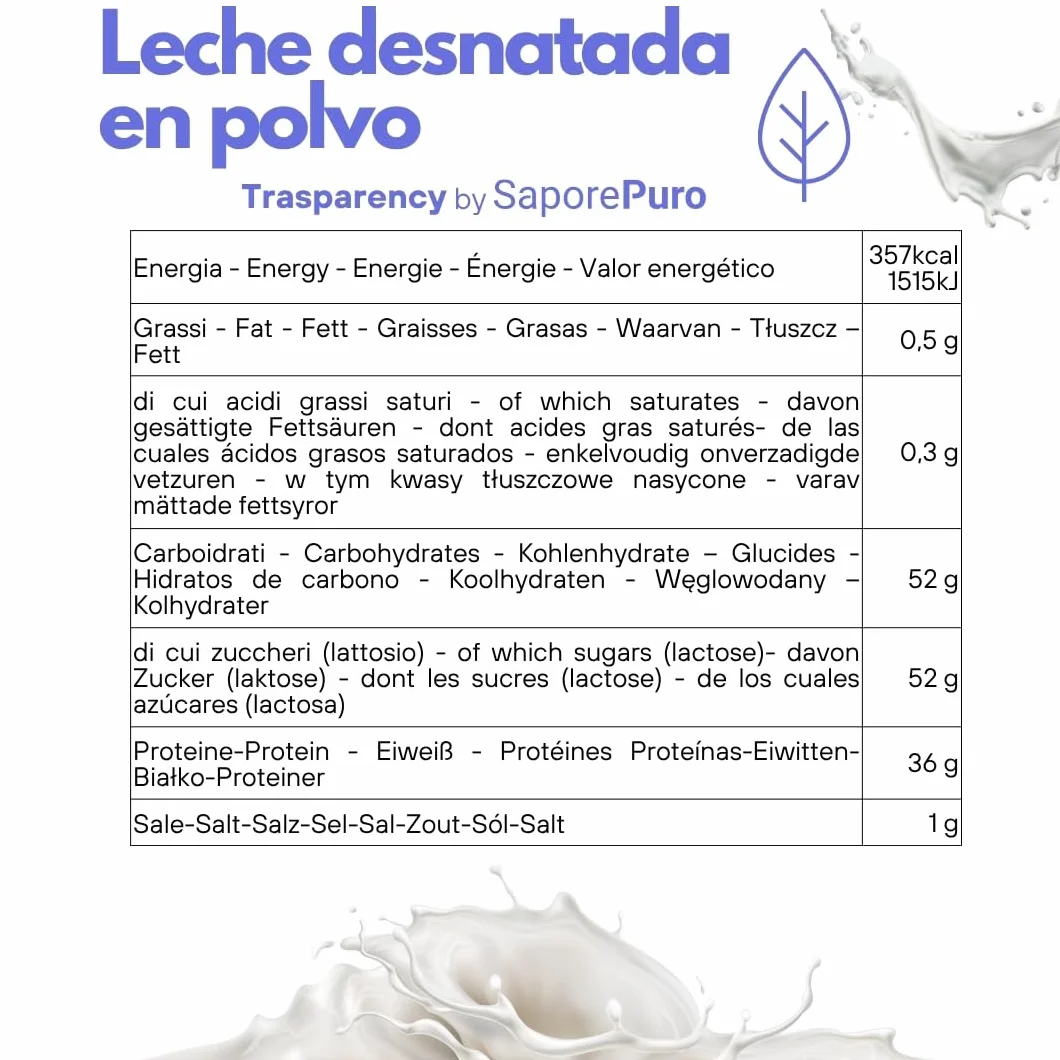 SaporePuro Leche Desnatada en Polvo 1 kg – Leche para Consumo Humano, Ideal para Pasteles, Pan y Helados, Sin Gluten