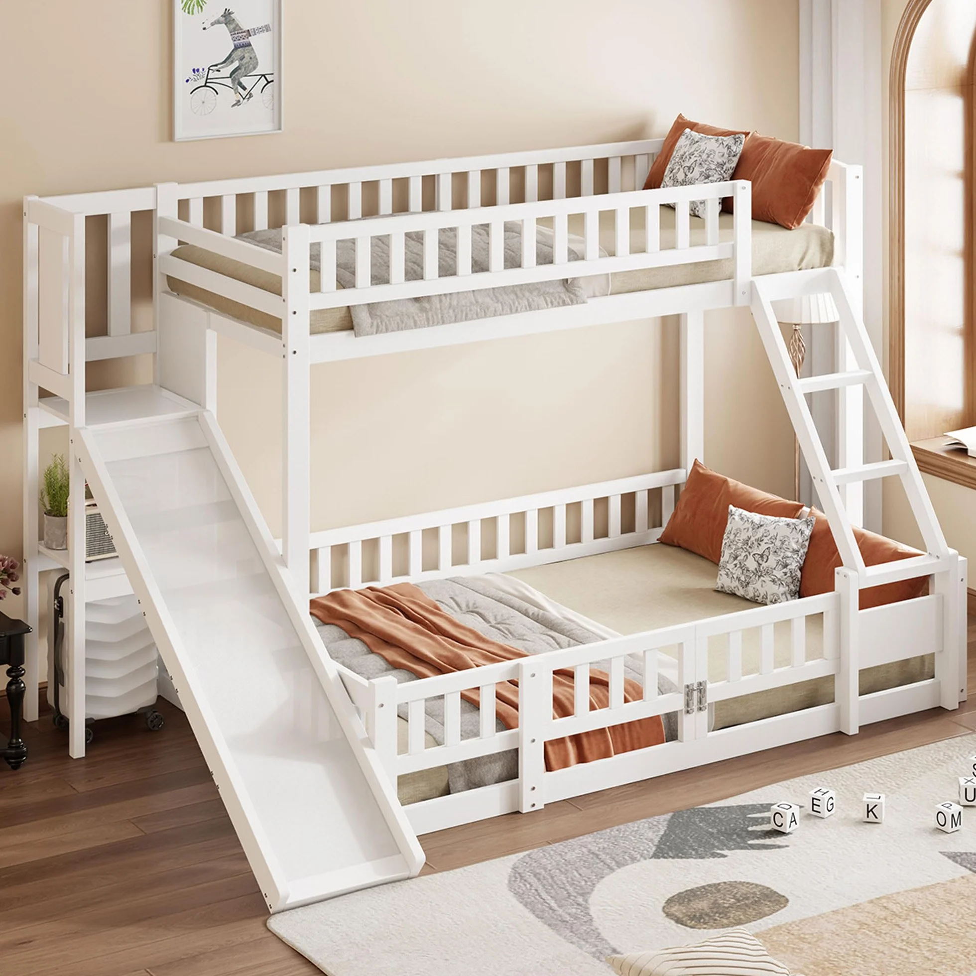 Lubvtti Litera Infantil 90/140 x 200 cm con tobogán,Cama Infantil con estantes y guías de Seguridad,Estructura Cama para niños 90/140x200 con somier de láminas,sin colchón,Blanco