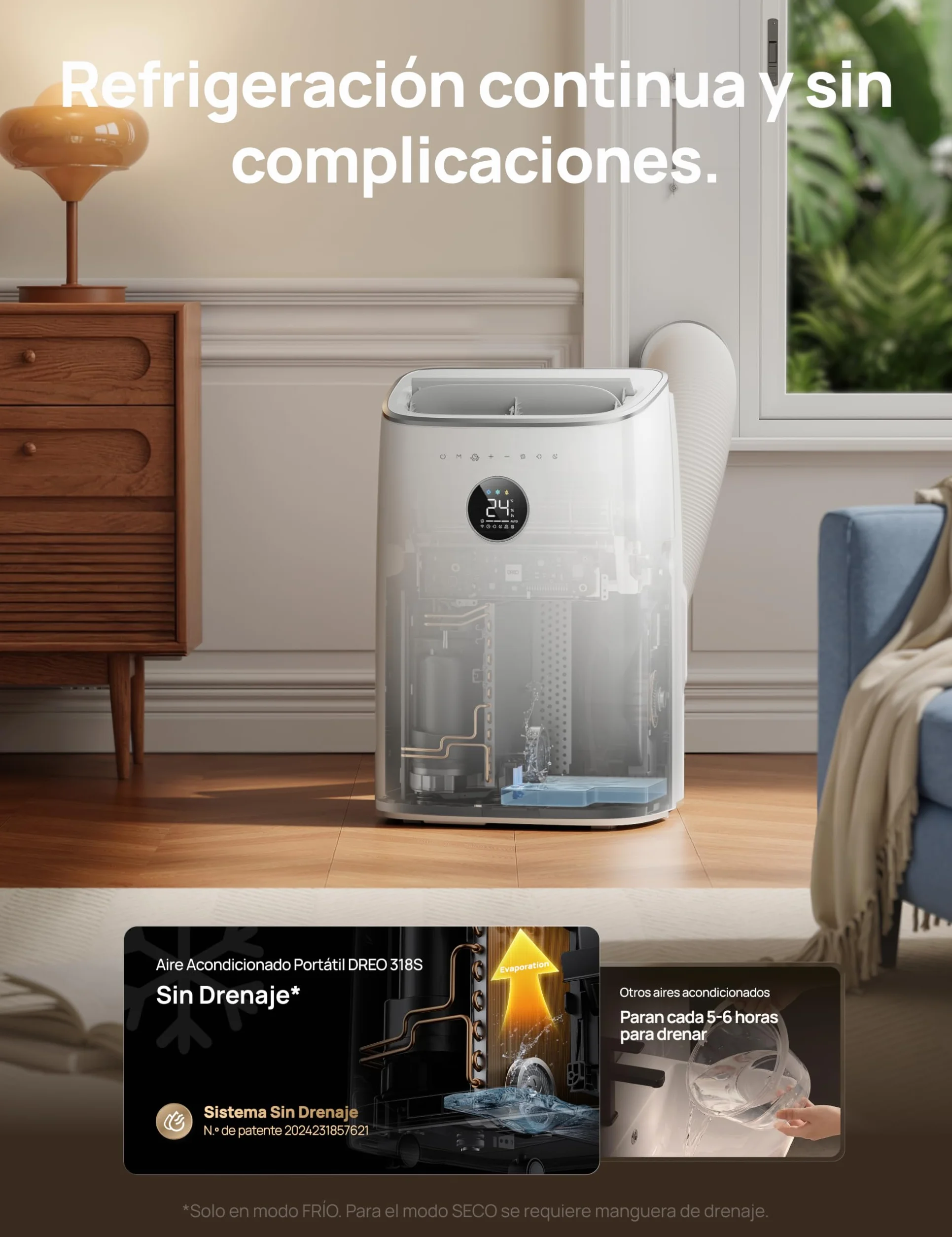DREO aire acondicionado portátil 7500 BTU 3-en-1 refrigeración/ventilación/deshumidificación, silencioso para dormitorio u oficina, control por app y voz, sin drenaje, kit ventana, 2,5 L/h, AC318S