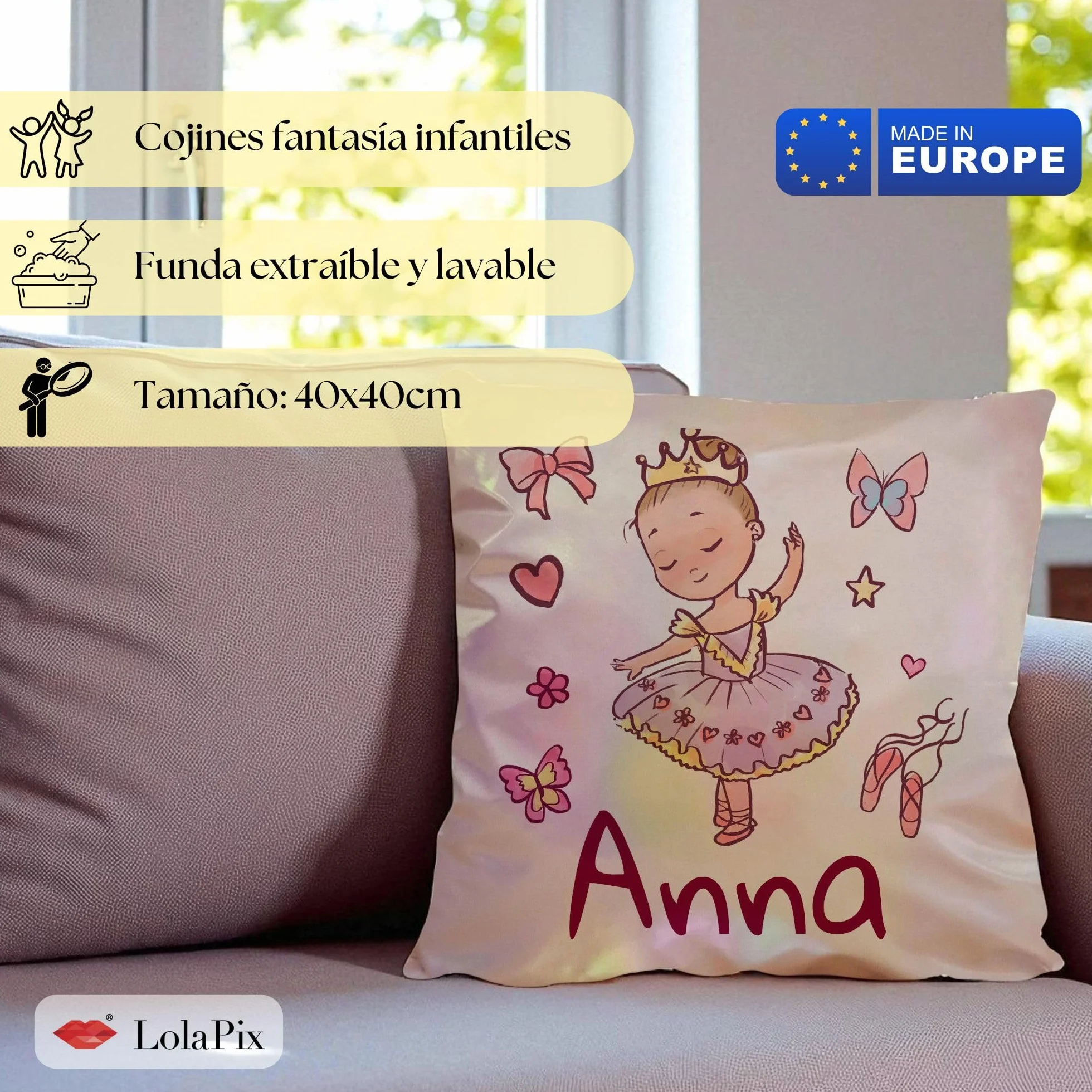 LolaPix Cojin Personalizado Mágico 40x40cm. Cojin Guarderia. Cojines Infantiles Personalizados. Cojín Infantil con Nombre 3 Colores Disponibles. Cojines Fantasía 40x40cm. Bailarina