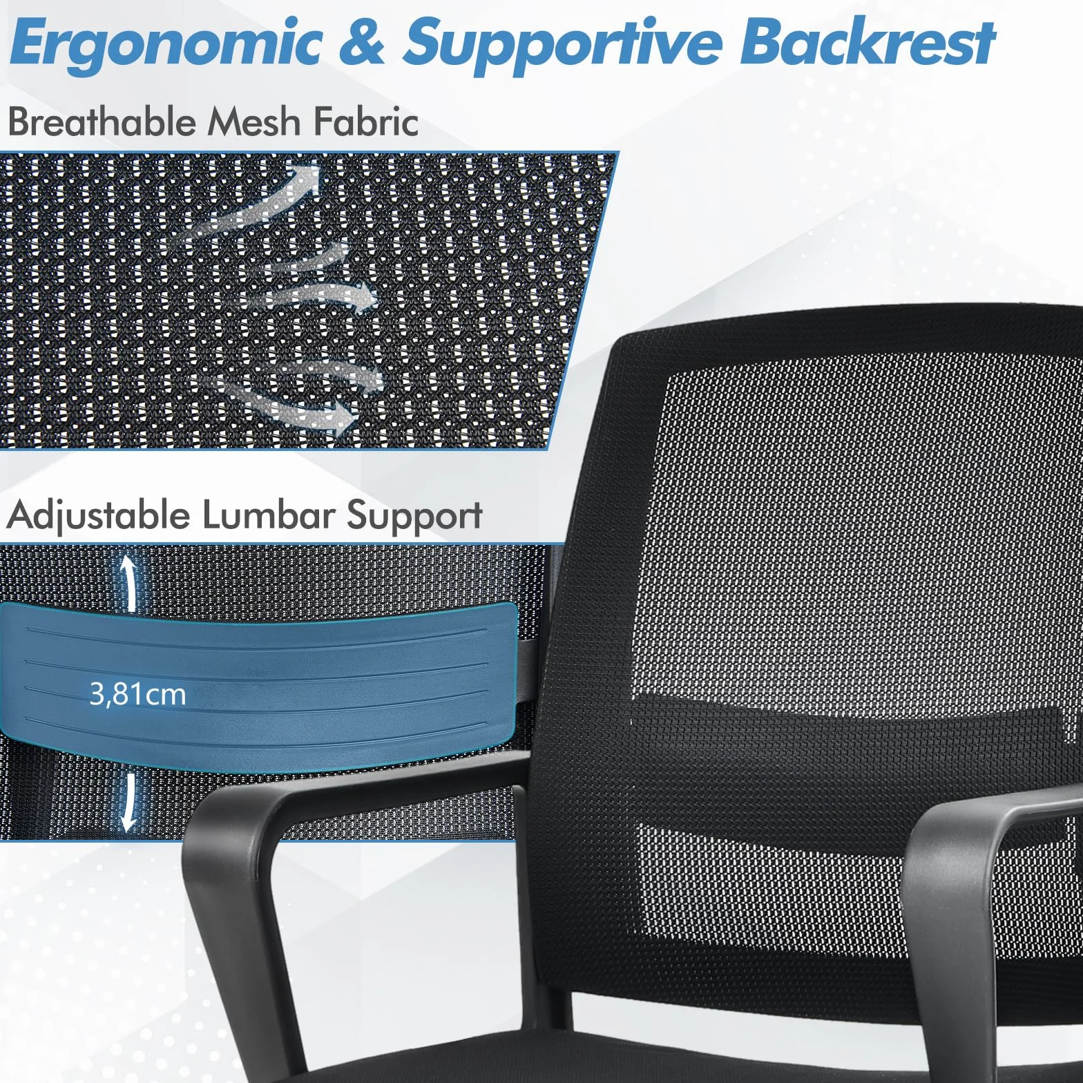 GIANTEX Silla de Oficina con Reposabrazos y Soporte Lumbar, Malla Transpirable, Carga 136 kg, Negro