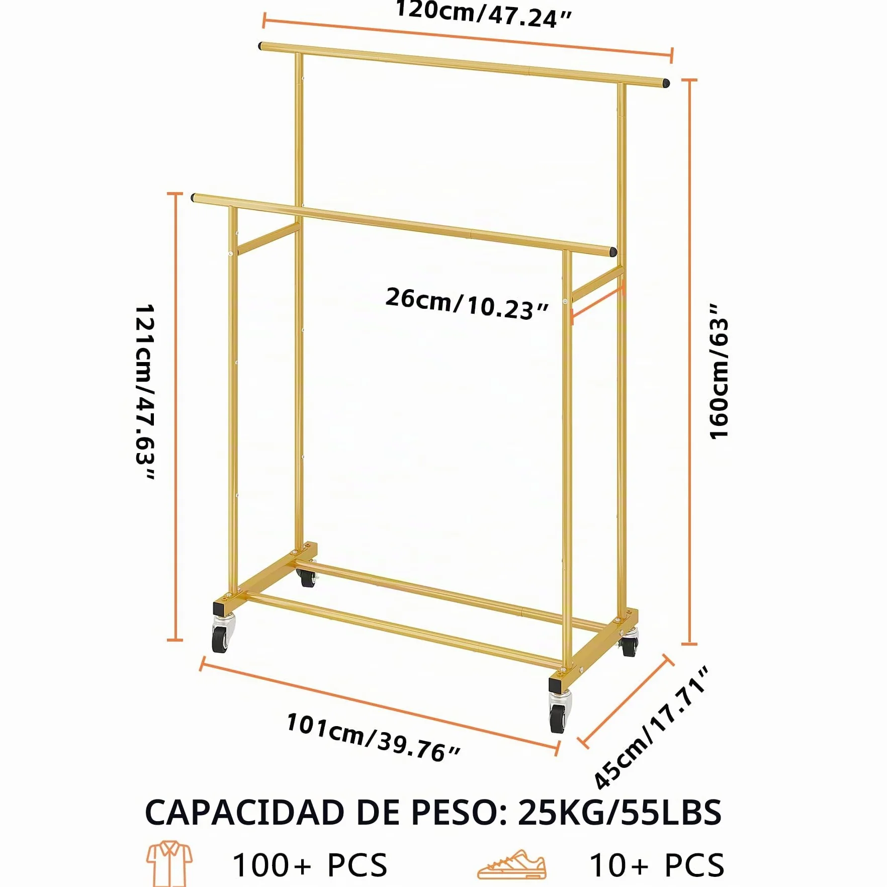 Calmootey Perchero de ropa de doble barra, estante colgante rodante, organizador de ropa portátil para dormitorio, sala de estar, tienda de ropa, dorado