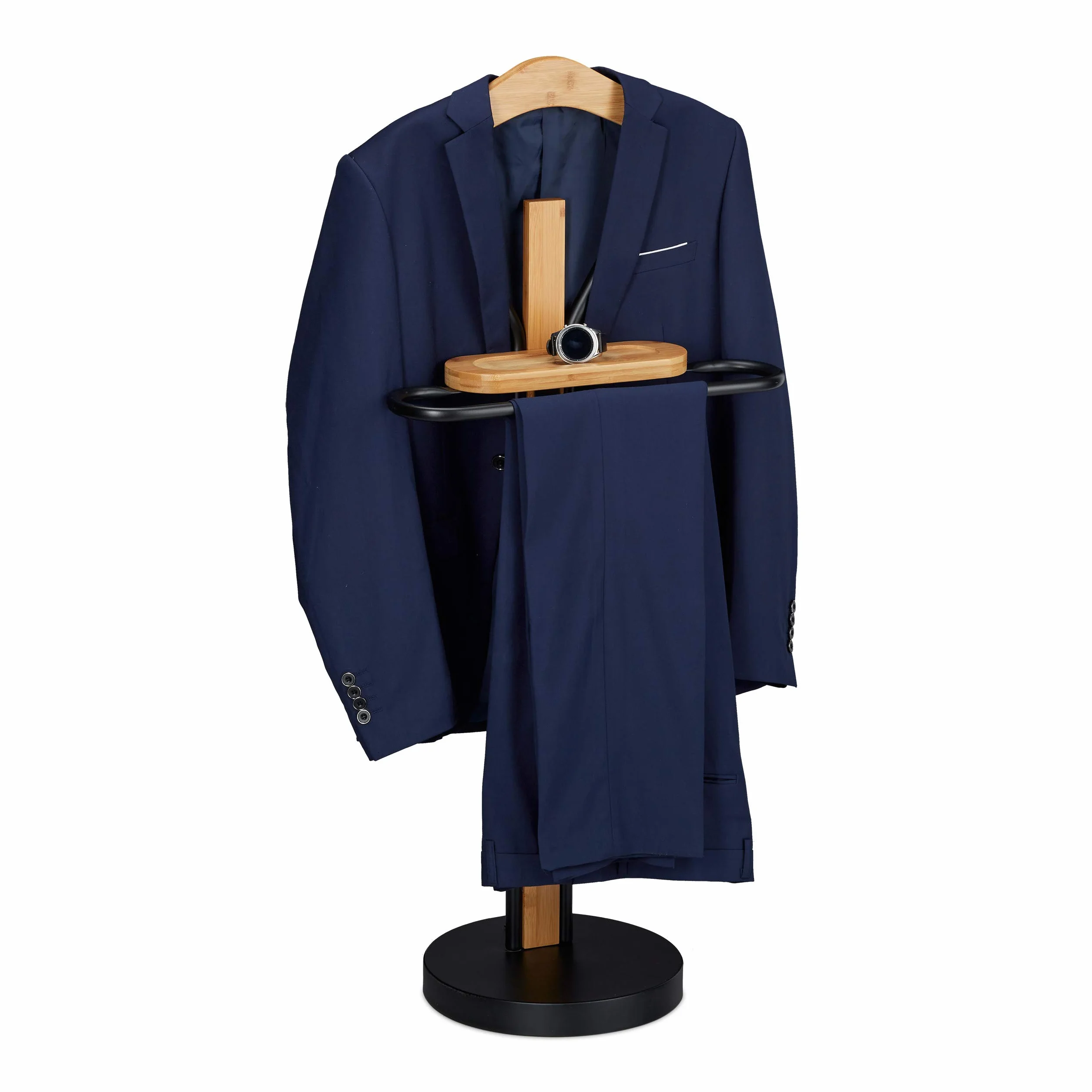 Relaxdays Valet con estante para trajes sin arrugas bambú y metal 109 x 48 x 30 cm negro natural