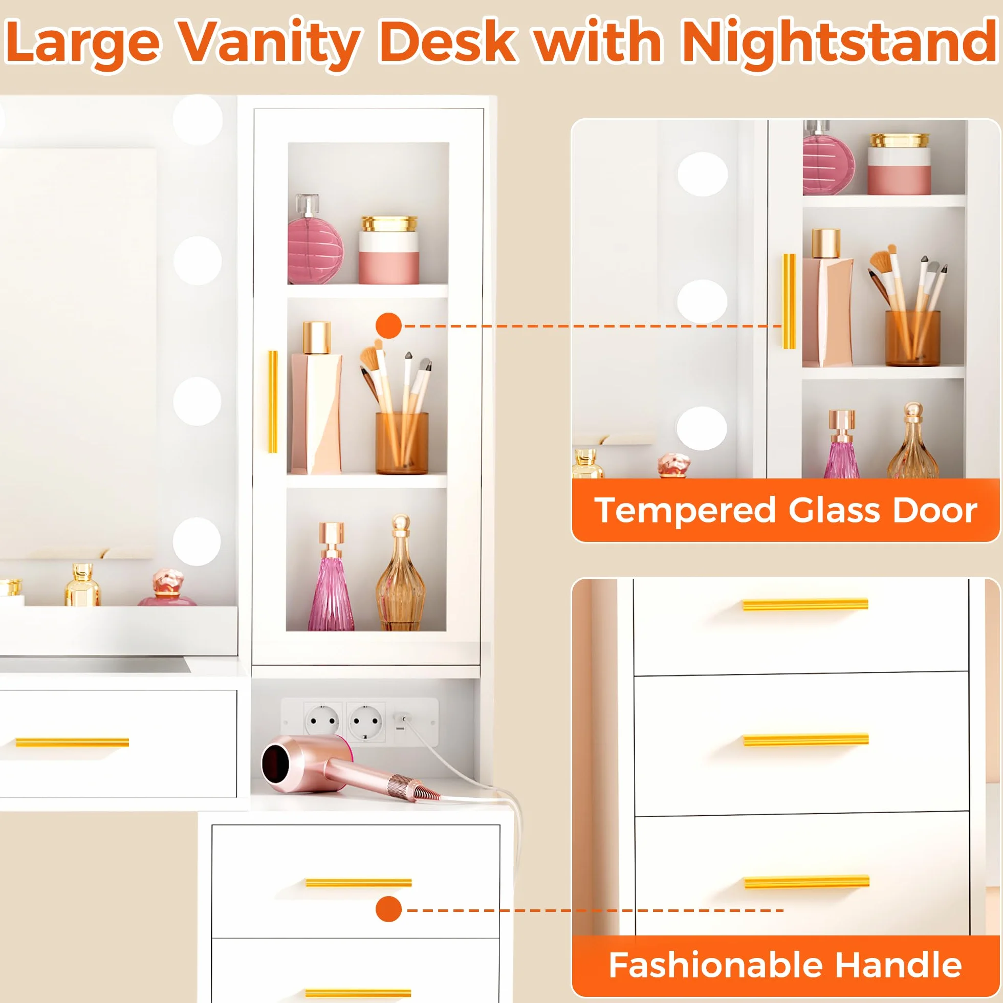 ANWBROAD Tocador con Espejo y Luz LED 135cm, Mesa de Maquillaje con Enchufes, Puertas de Vidrio Templado, 11 Cajones, Blanco BDT23W