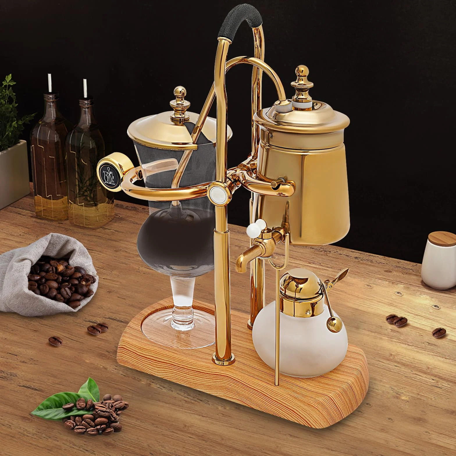 Luxury Siphon Balance - Juego de Cafetera con Sifón, Retro y al Vacío, Tetera, Base de Madera Natural y Pomo (Dorado)