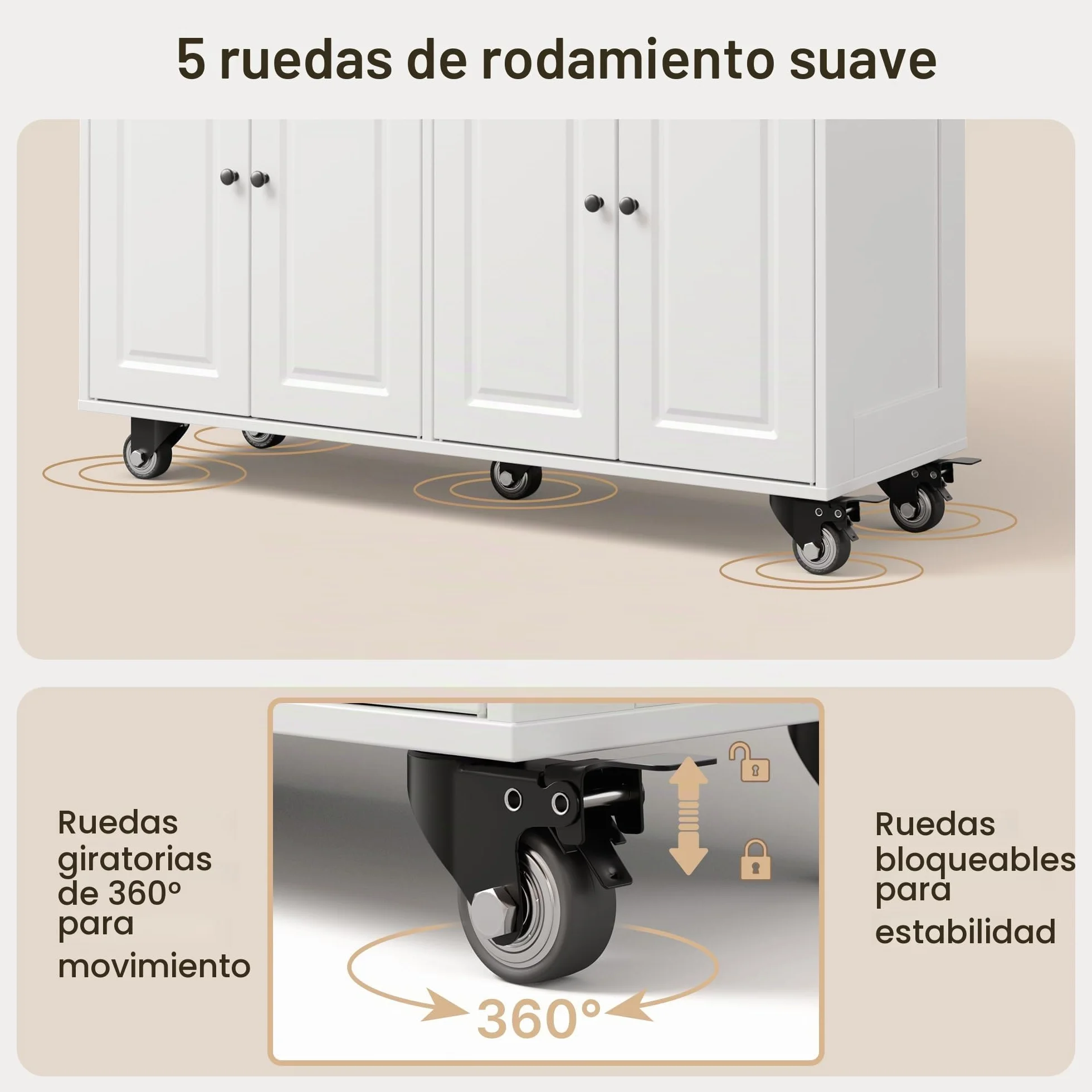 Xbro Isla de Cocina Móvil con Ruedas 145x75x90cm, Carrito Auxiliar Almacenaje, Mueble Moderno Blanco con Encimera y Estanterías para Cocina Comedor (Blanco)