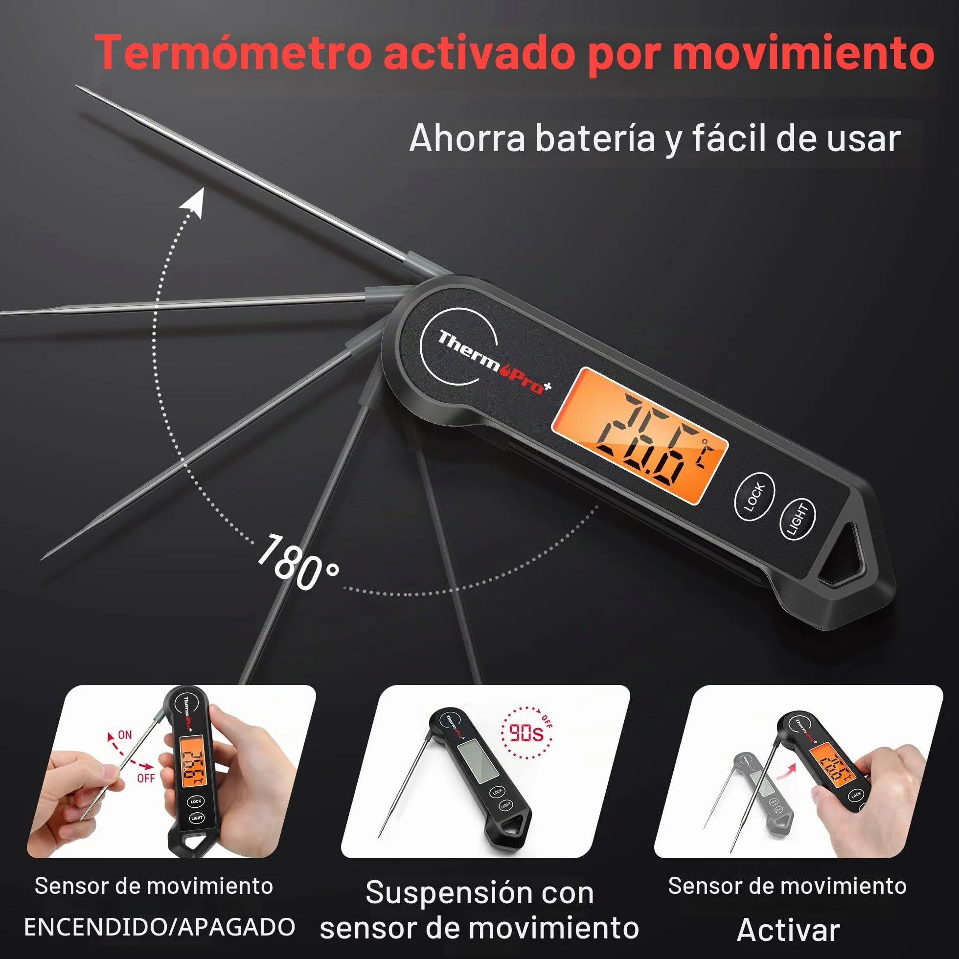 ThermoPro TP19HB Termómetro digital para carne, para barbacoa, plegable, para cocinar líquidos, leche, carne, cocina, color negro