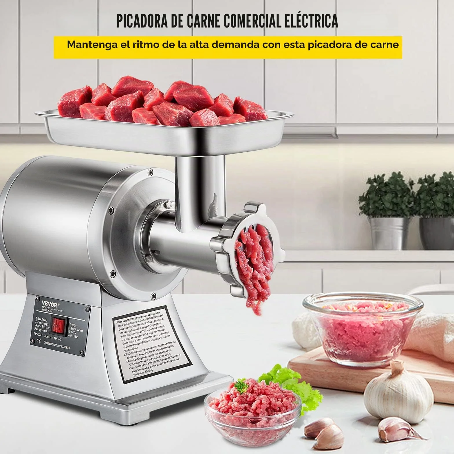 VEVOR Picadora de carne eléctrica 1100 W, capacidad 250kg/h, triturador de carne comercial, material de acero inoxidable para restaurantes supermercados tiendas de restauración rápida carnicerías