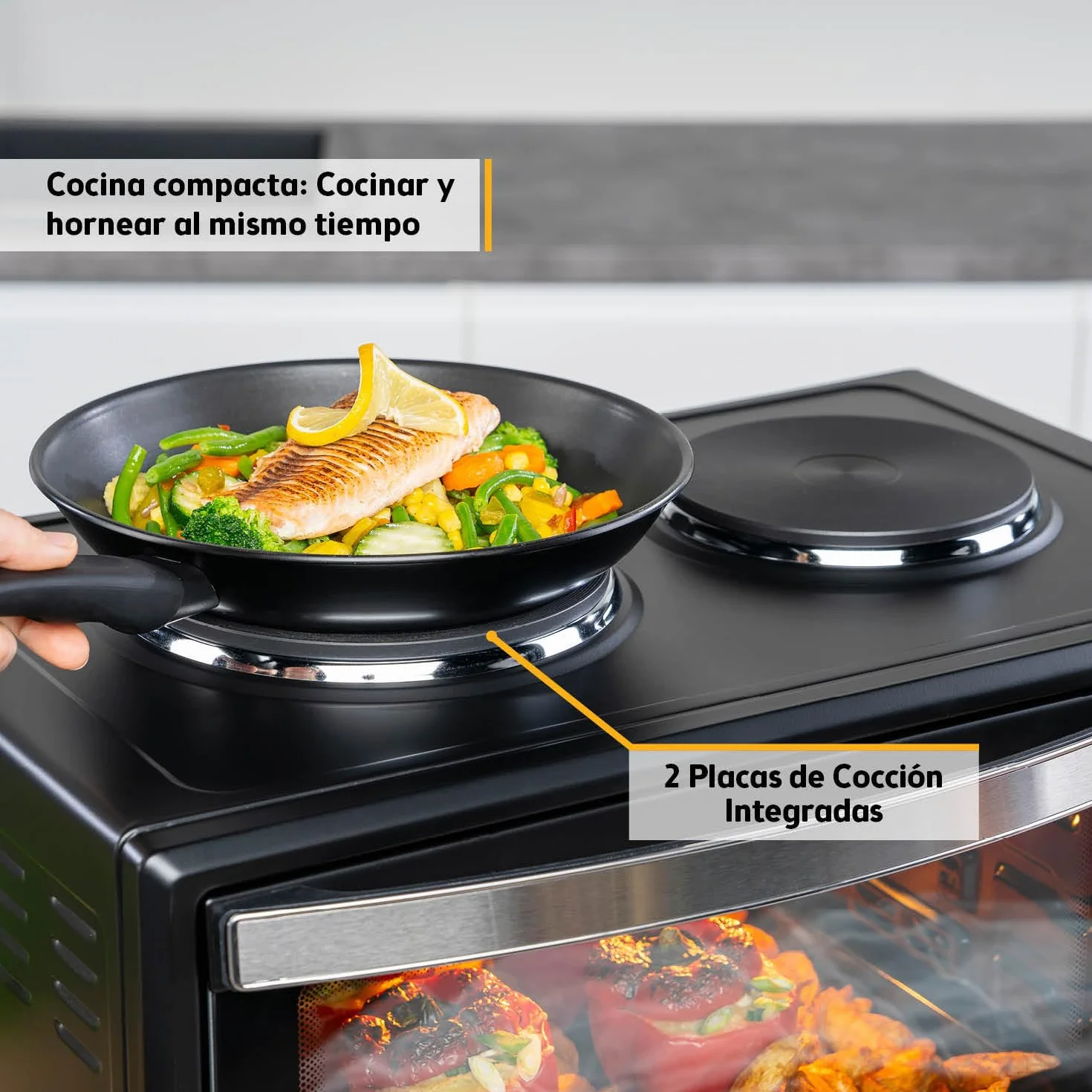 First Austria Mini Horno 45L 3200 W con Quemadores para Pizza 230°C Revestimiento Antiadherente Multihorno 4 Alturas