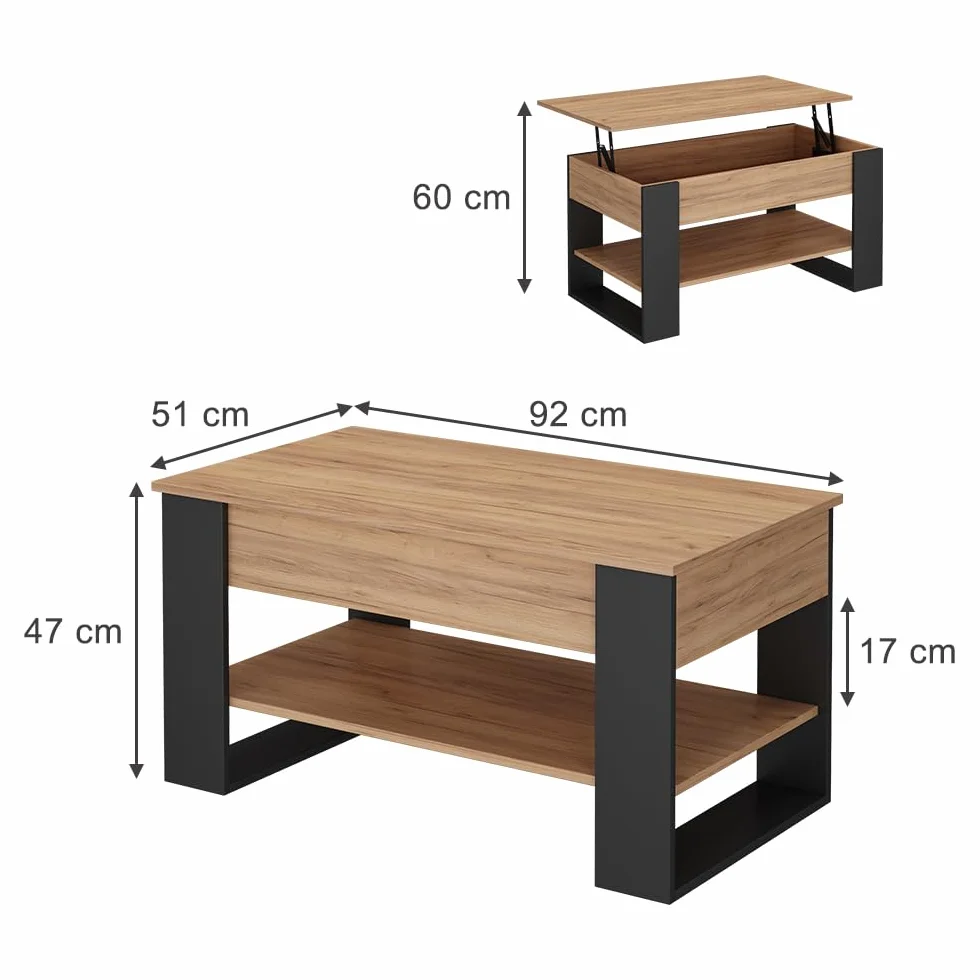 Vicco Mesa Baja Lifto, Roble/Antracita, 92 x 51 cm con función de elevación, con Tablero de Mesa Ajustable en Altura y Estructura Base Estable