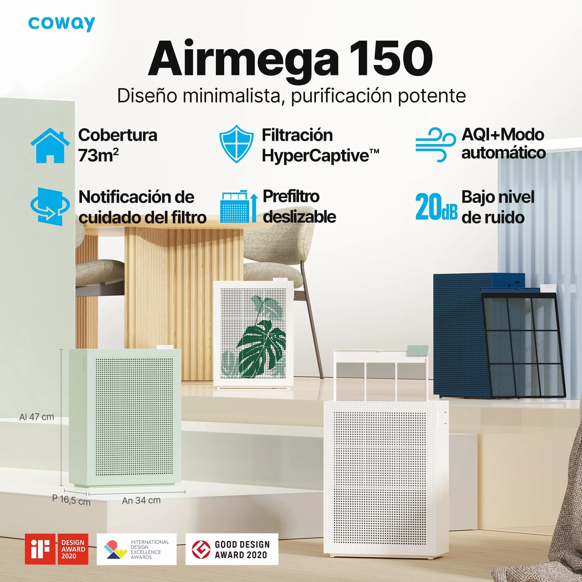 COWAY Purificador Aire, Calima Sahariana Alérgenos Mascotas, ECARF Quiet Mark, Modo Sueño 20 dB, Prefiltro Lavable, HyperCaptive 99,999% 0,01µm, CADR 281m³/h, Garantía 3 Años, Airmega 150, Bianco