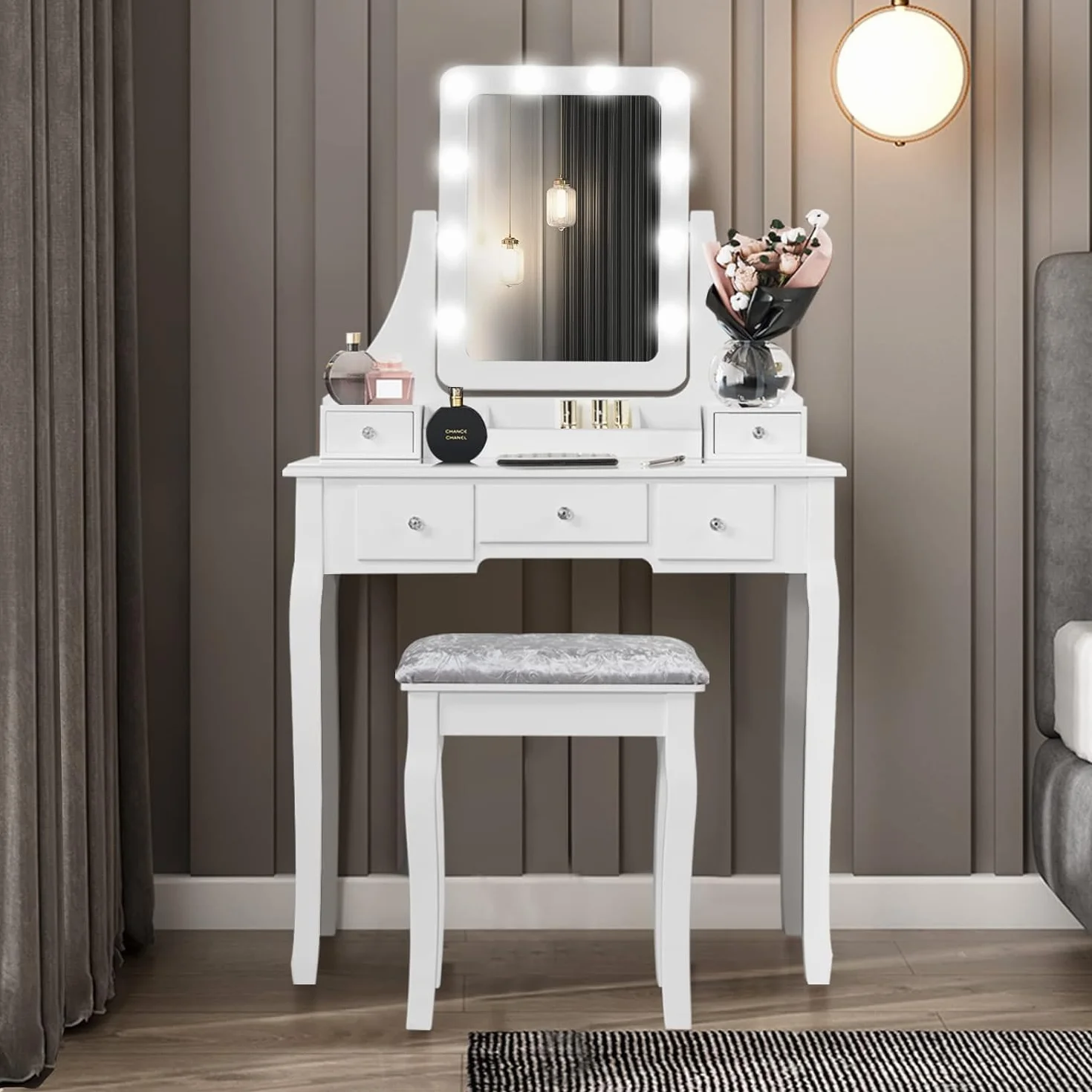 RELAX4LIFE Tocador de Maquillaje con Espejo Extraíble y Giratorio 360° y 10 Luces LED Regulables, Tocador Maquillaje con Taburete Acolchado, 5 Cajones, 3 Compartimentos y 2 Estantes (Blanco)