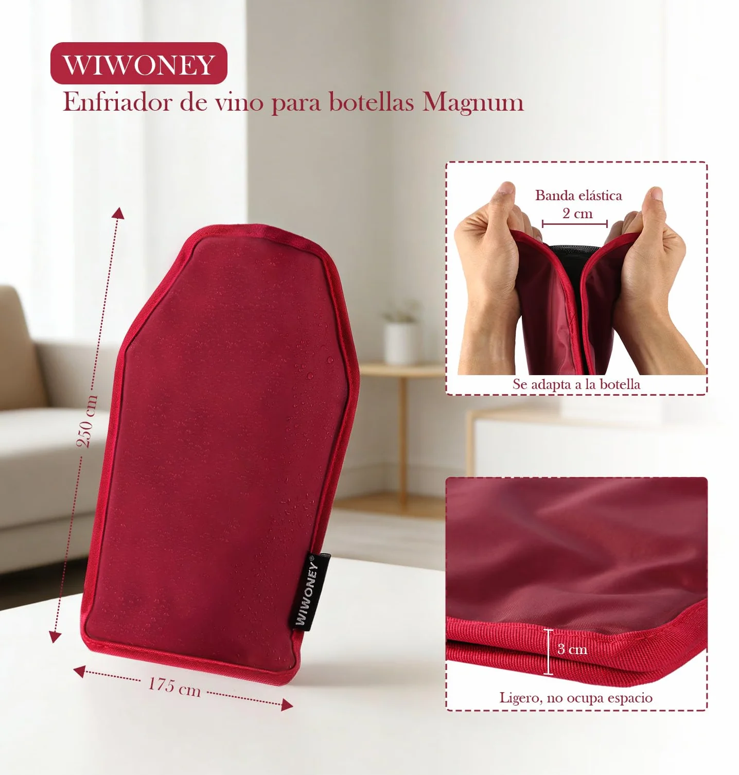 Enfriadora de Botellas de Vino Magnum, Funda Enfriadora de Gel No Congelable, Nailon, Rojo Vino