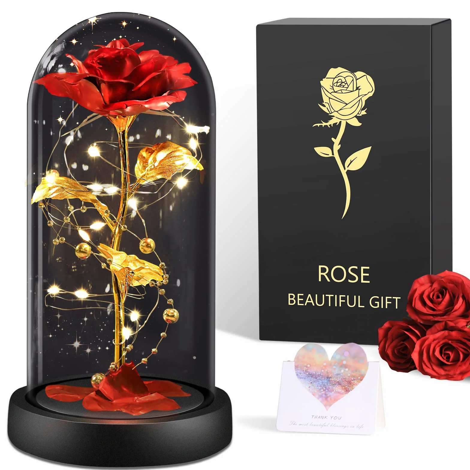 BOLEi Rosa eterna para Ella, Rosa de la Bella y la Bestia, Rosa eterna en Cristal con LED, Boda para Ella, Regalos de cumpleaños para Ella, Regalo de Rosa preservada para Ella, mamá, Abuela