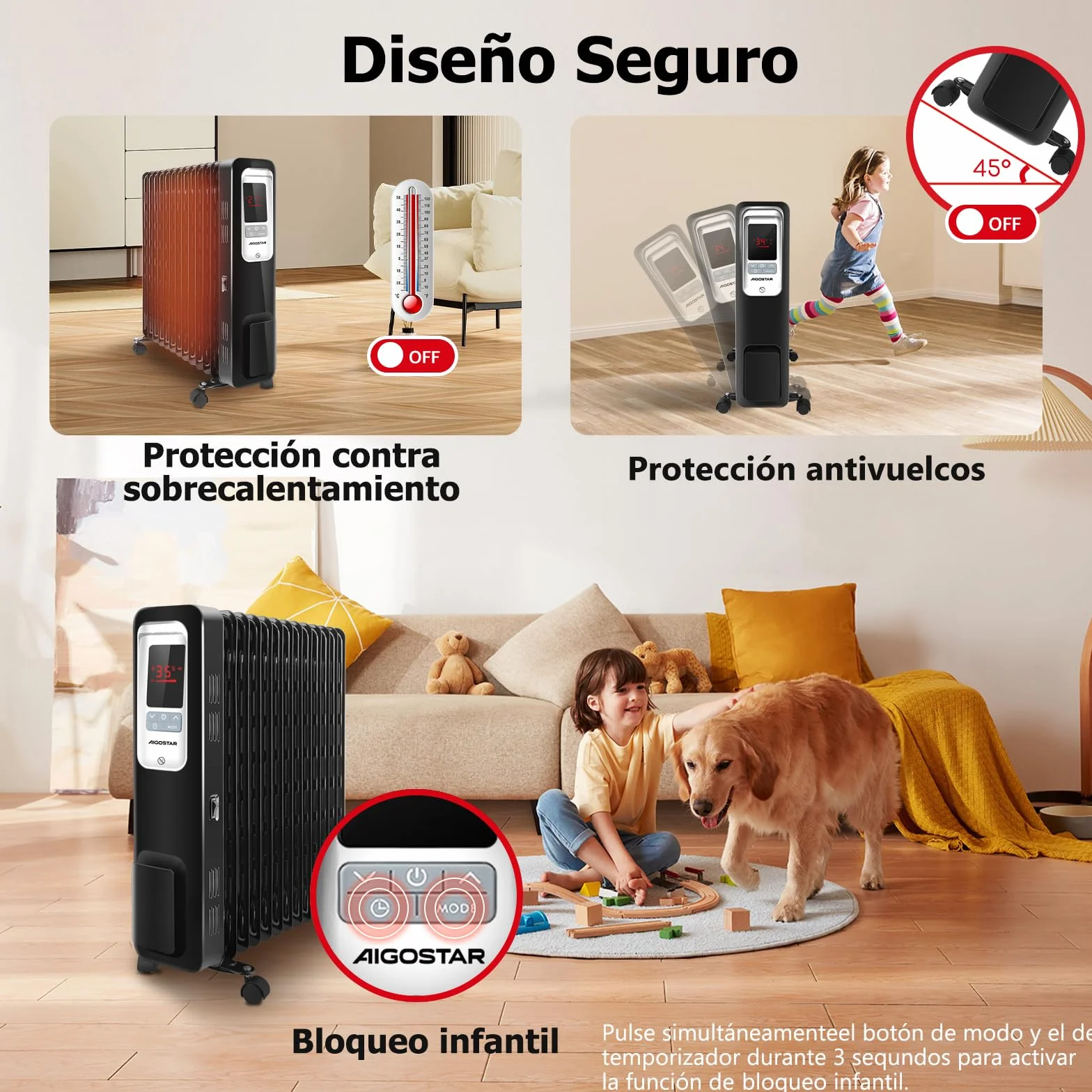 Aigostar Radiador de Aceite Portátil de 13 Elementos, Pantalla de Control LED, Mando a Distancia, 3 Modos y Función Eco, Silencioso, 2500W, Recomendado para Estancias de 25 m2, Oil Monster