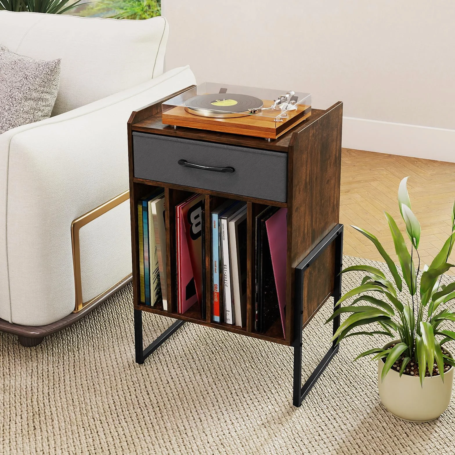 FANTASK Soporte para tocadiscos, estante para discos de vinilo con cajón de tela plegable, 4 compartimentos, hasta 160 álbumes, estilo vintage